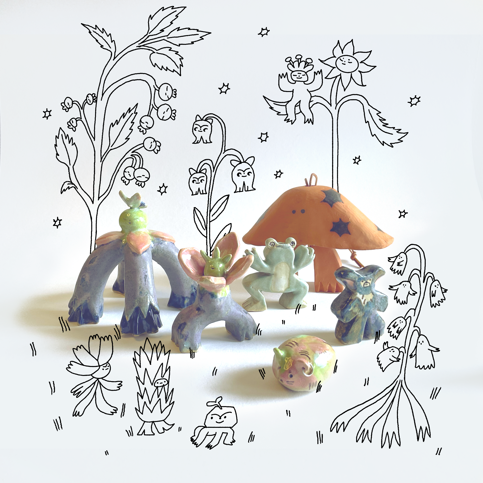a group of ceramic characters inspired by the natural environment, overlaid with line drawings