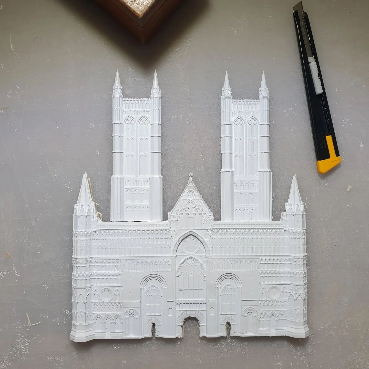 WIP: Lincoln Cathedral

After a period of illness and other jobs, I am pleased to return with a new commission in progress - the west front of Lincoln Cathedral.  This piece has pushed my 3D modelling to the max, defeated my printer and demanded an i