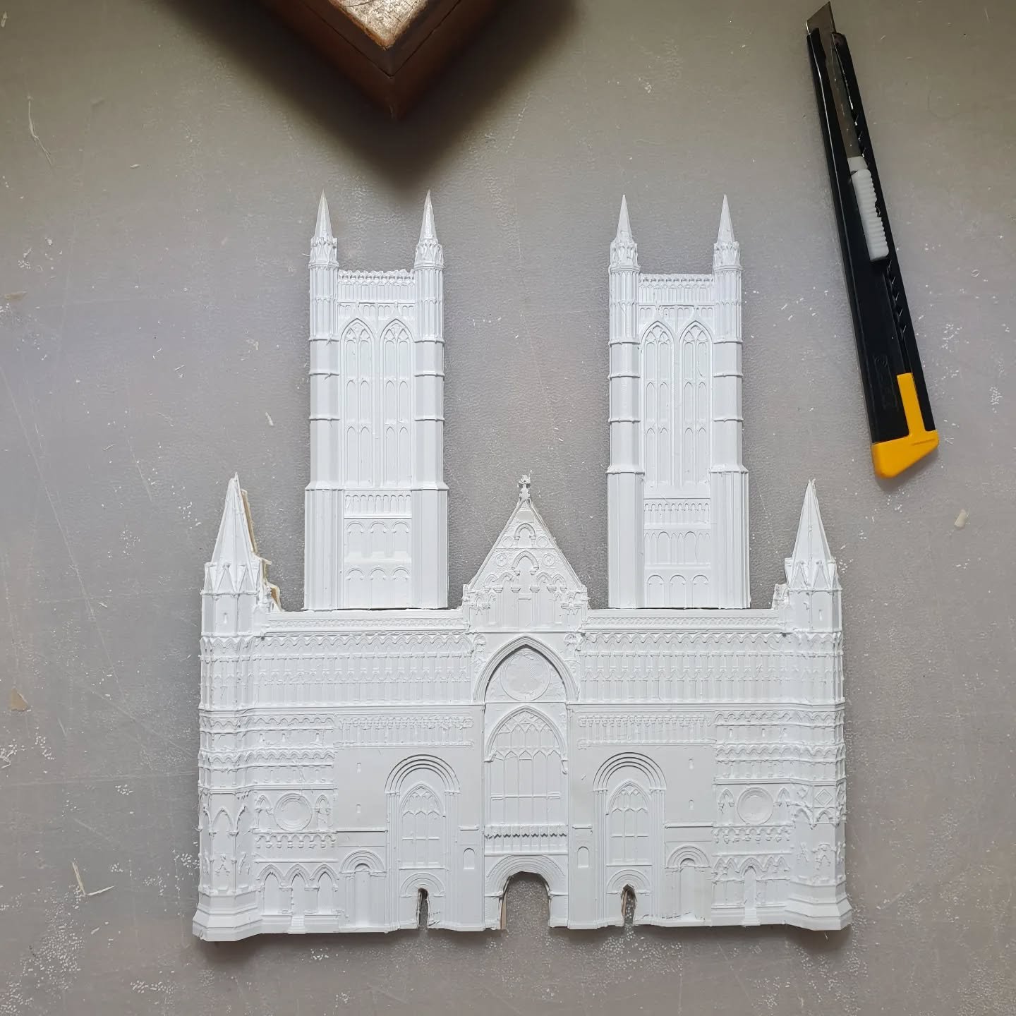 WIP: Lincoln Cathedral

After a period of illness and other jobs, I am pleased to return with a new commission in progress - the west front of Lincoln Cathedral.  This piece has pushed my 3D modelling to the max, defeated my printer and demanded an i