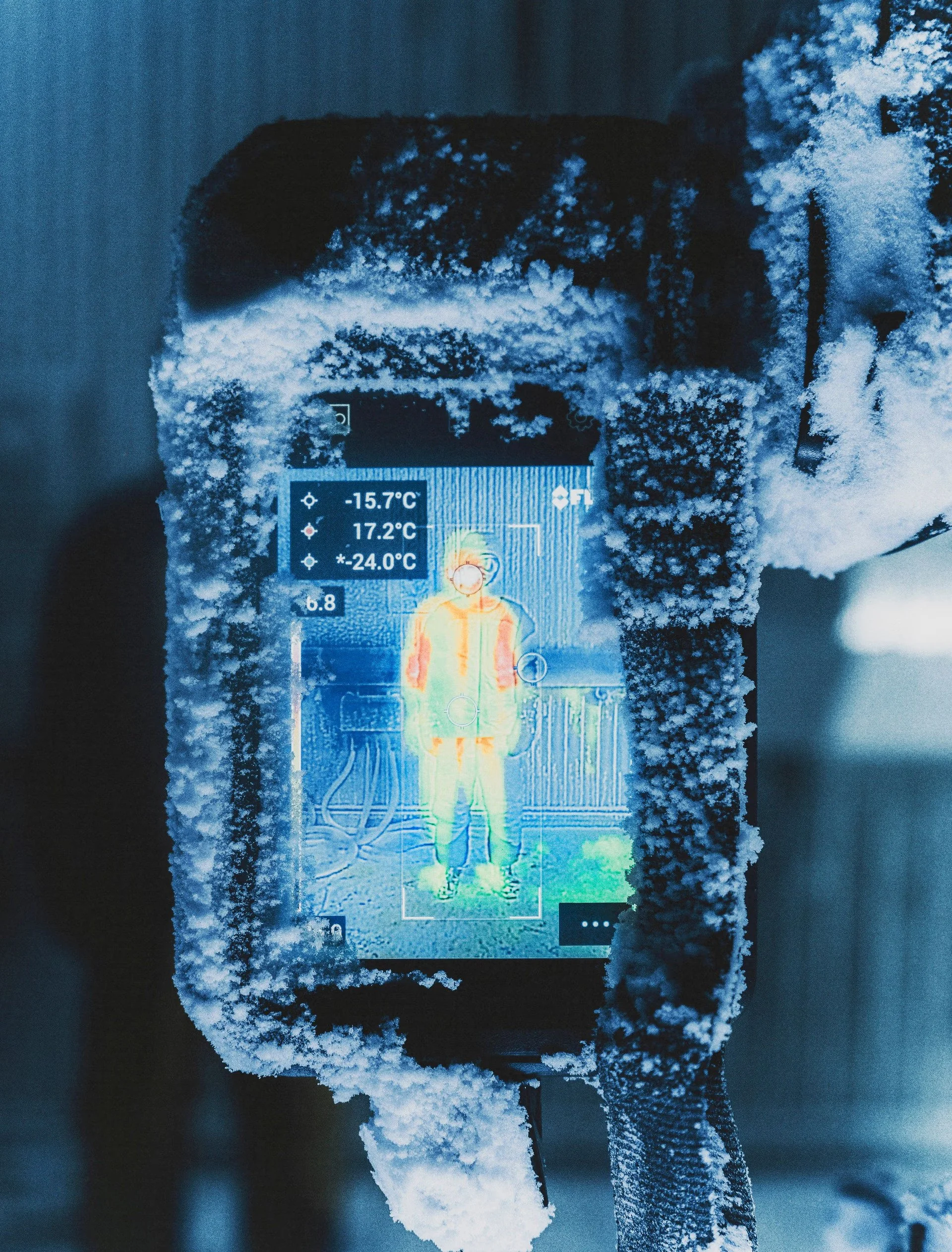 Thermal camera screen showing a person's thermal image, temperatures, and frost-covered camera body.