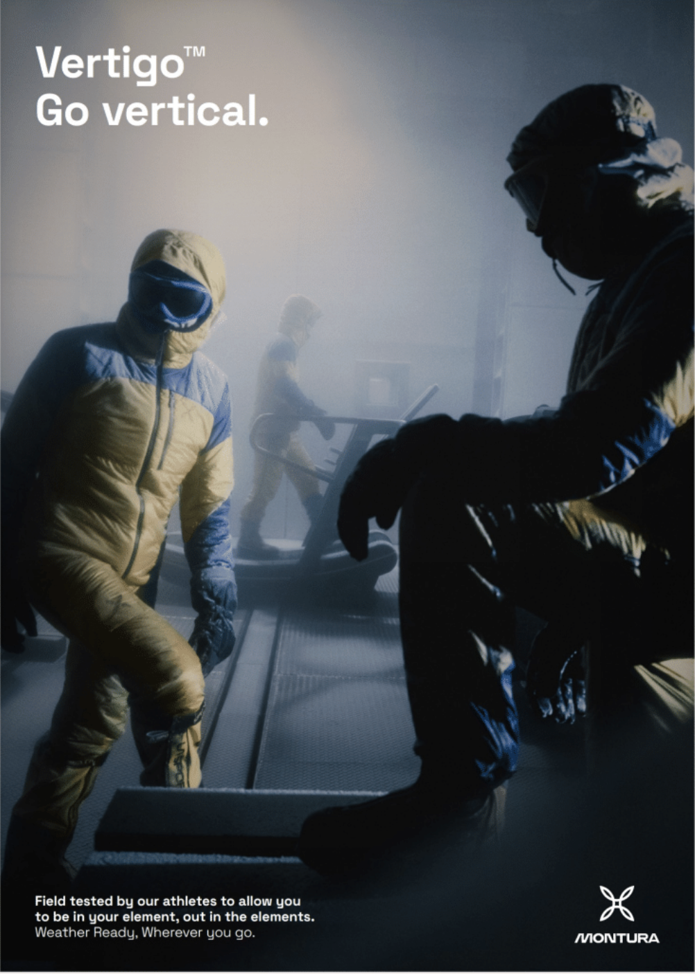 People in winter athletic gear inside a foggy or smoky room, with one person kneeling and others on a treadmill. Text promotes 'VertigoTM' and being weather ready for outdoor elements, with the Montura logo at the bottom.