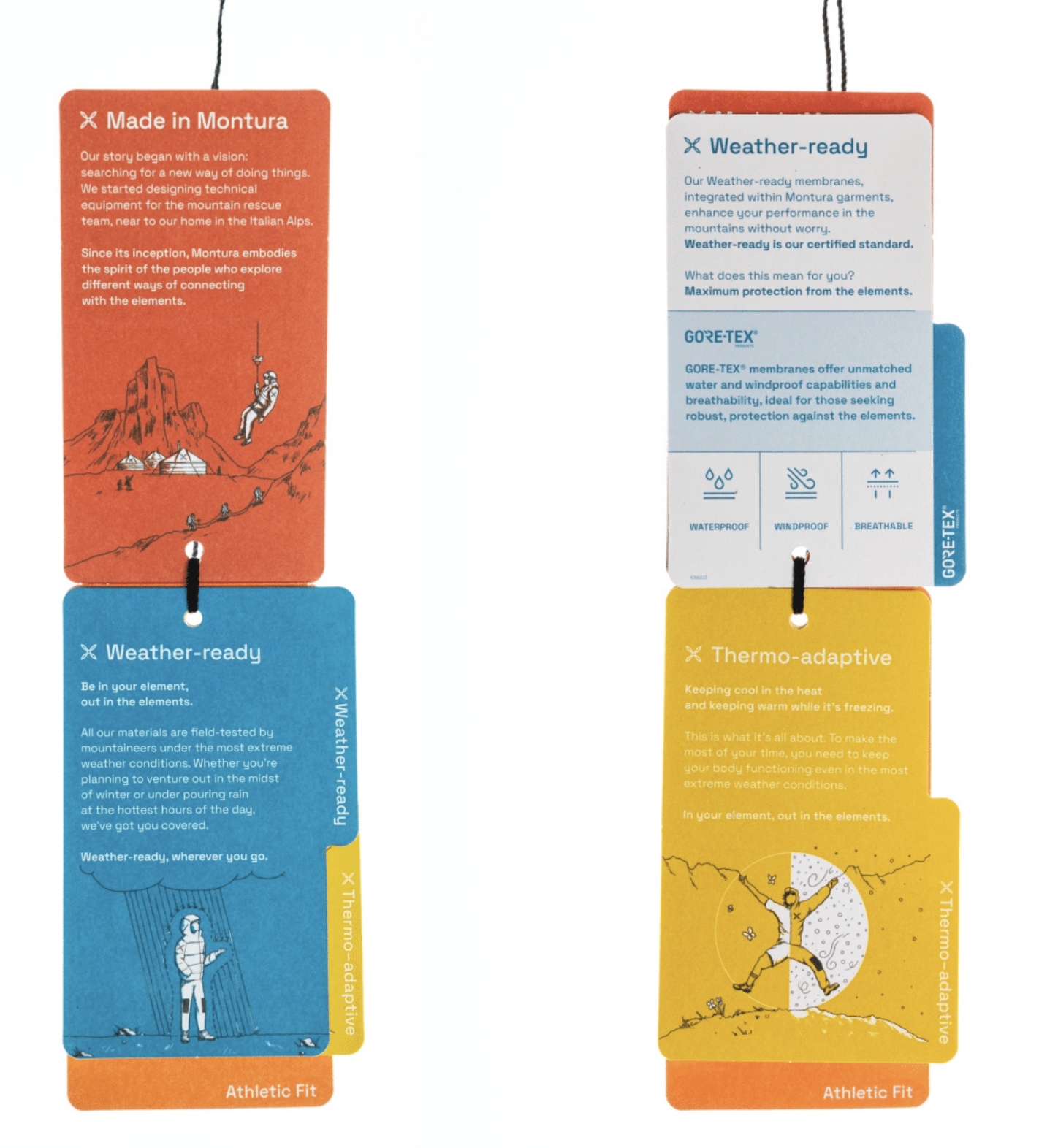 Two vertically hanging informational tags about Montura gear, one in orange, and one in blue, with additional tags on the right, yellow and white with blue accents, all attached with black strings.