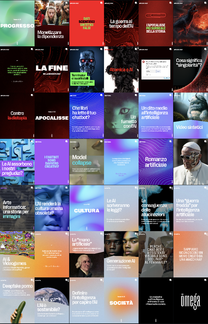 A collage of social media posts and images related to technology, artificial intelligence, science, culture, and societal topics, with a focus on AI, robotics, digital effects, and futuristic themes.