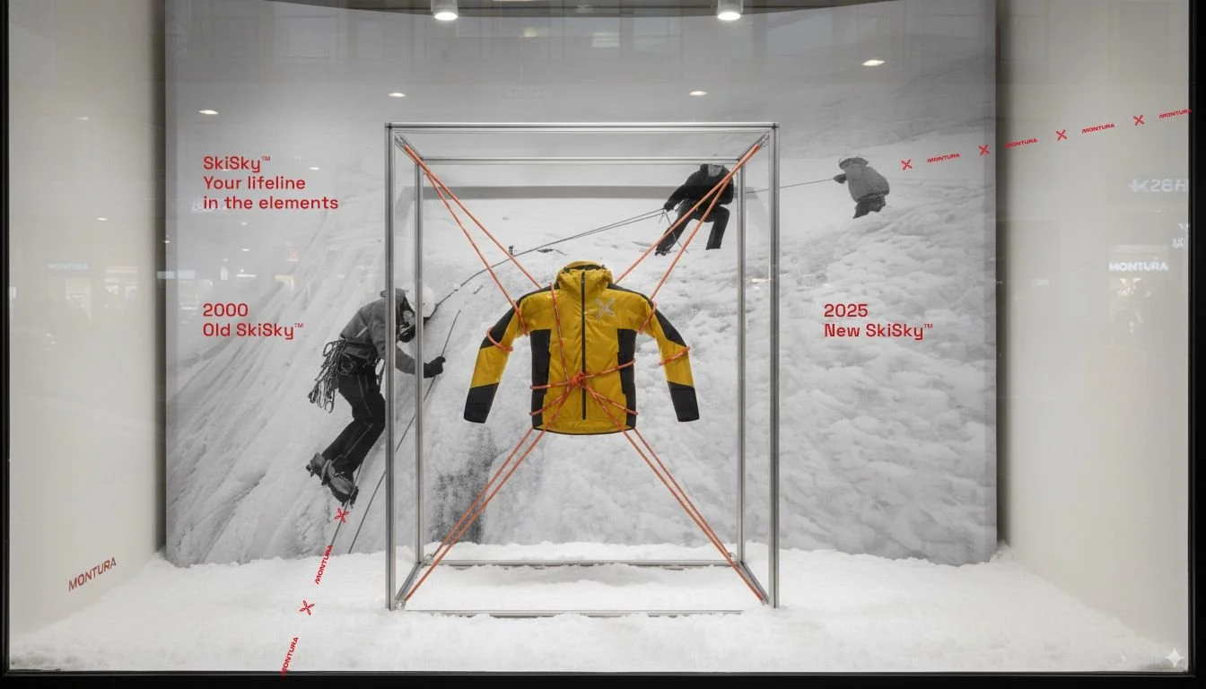 Display of a yellow ski jacket with red rope design, mounted in a glass case, against a background photo of skiers on a snowy slope, with timeline text indicating 2000 Old SkiSky and 2025 New SkiSky.