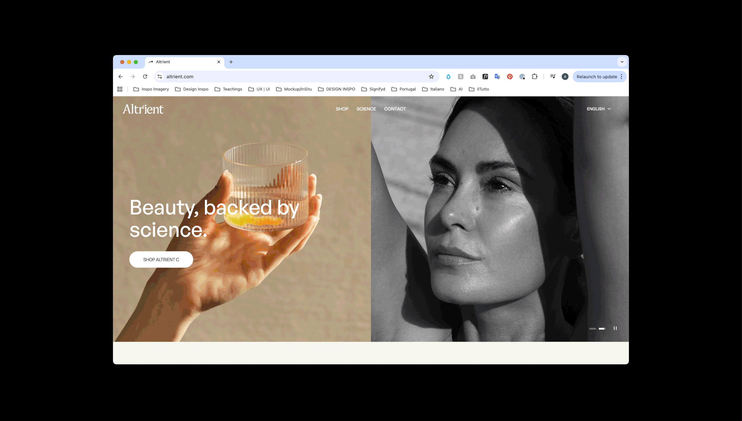 Split webpage showing skincare brand Altriend. Left side displays a hand holding a glass container with a yellow liquid, with the text 'Beauty, backed by science.' and a button labeled 'Shop Altriend C.' Right side features a close-up black and white portrait of a woman with her arm raised, gazing thoughtfully.