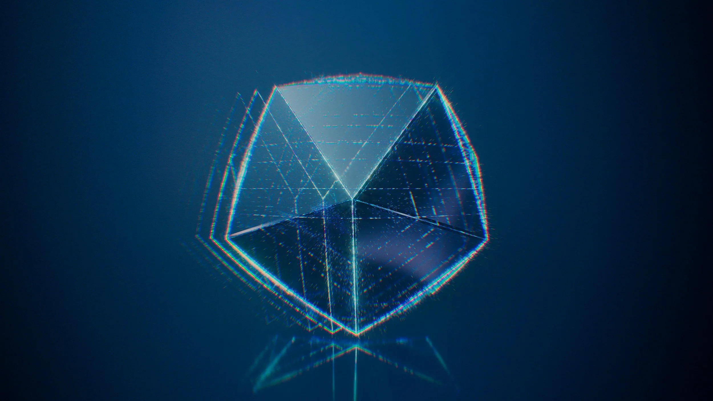 A digital rendering of a geometric, transparent 3D cube with intricate line patterns, illuminated against a dark blue background, creating colorful prism effects.