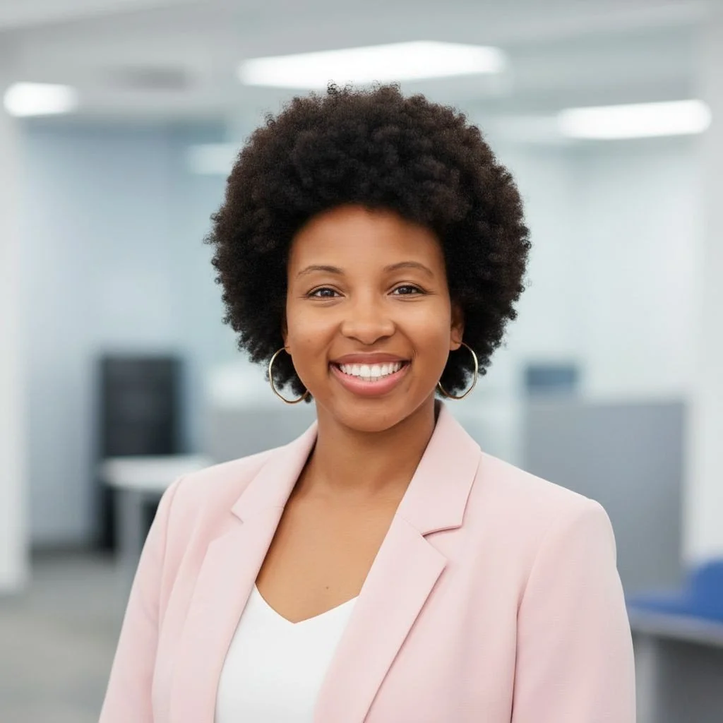 Smiling Kiara Hall in a pink blazer with a blurred office background