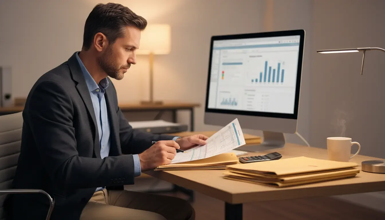 man at desk looking over spreadsheets