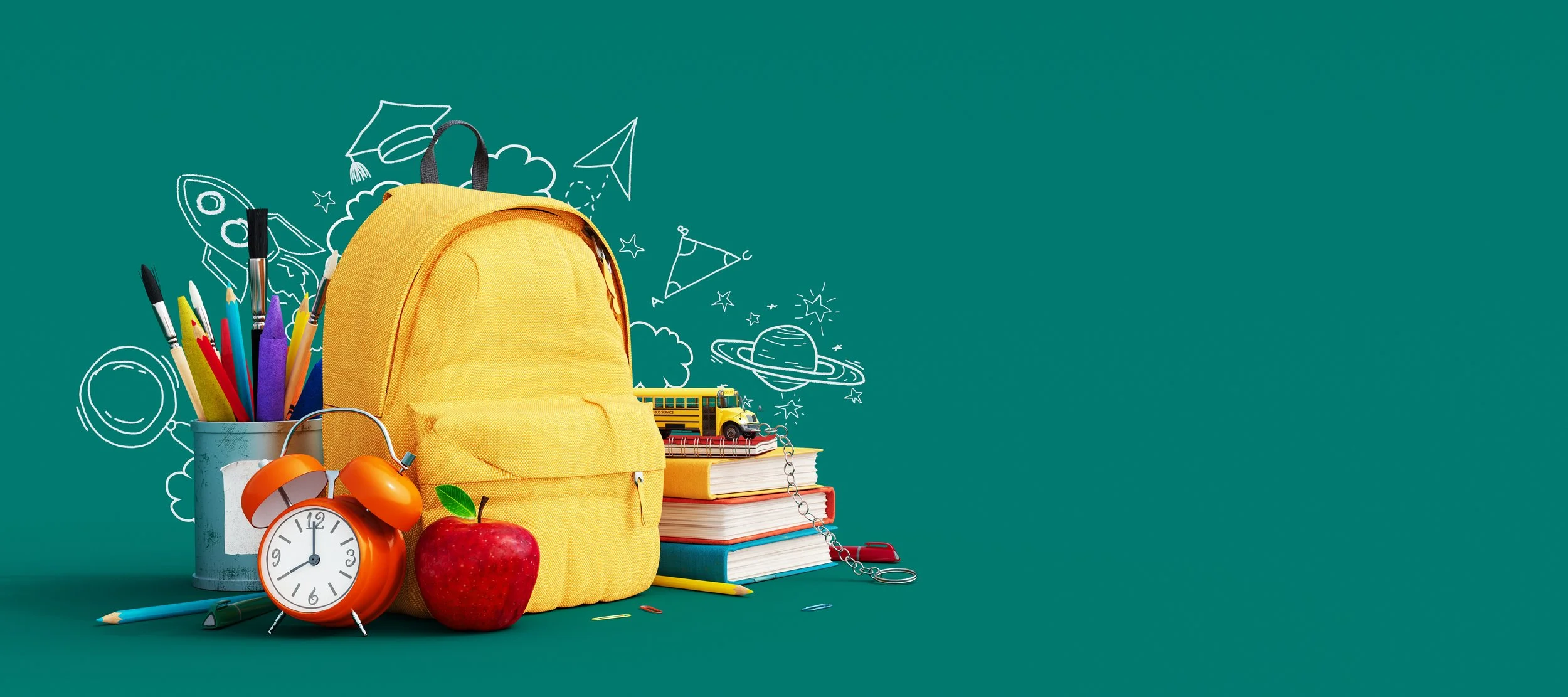 backpack school supplies against a green background