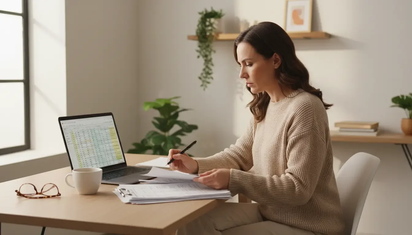 woman sitting at computer looking over paperwork