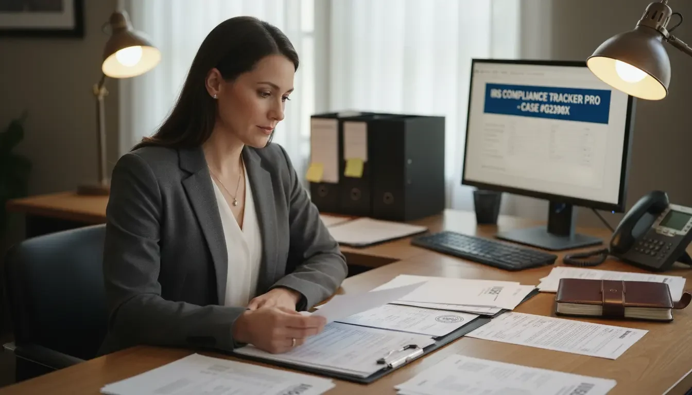 Woman at desk looking over files