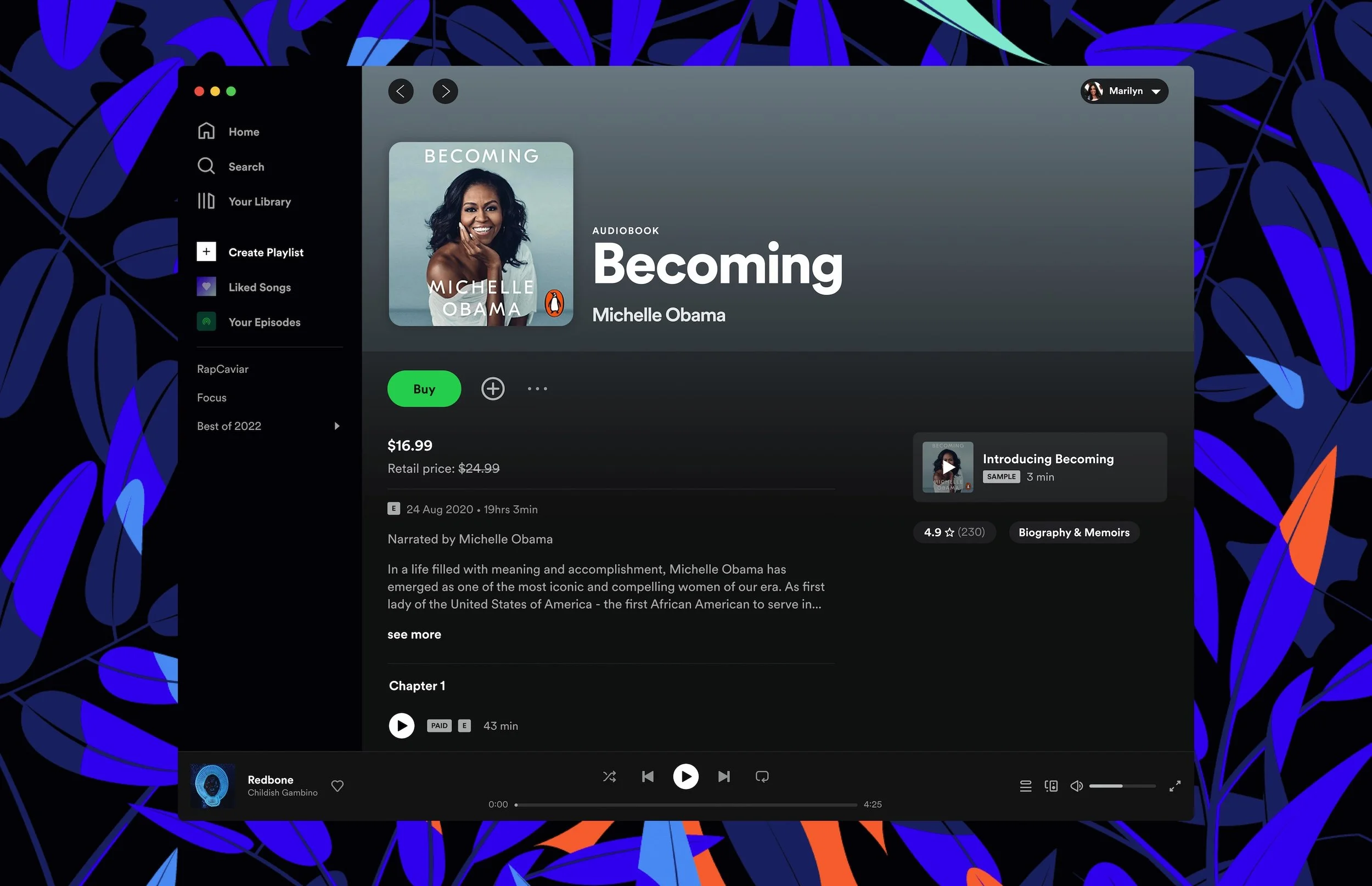 Spotify desktop app showing the audiobook Becoming by Michelle Obama over an illustrated background.