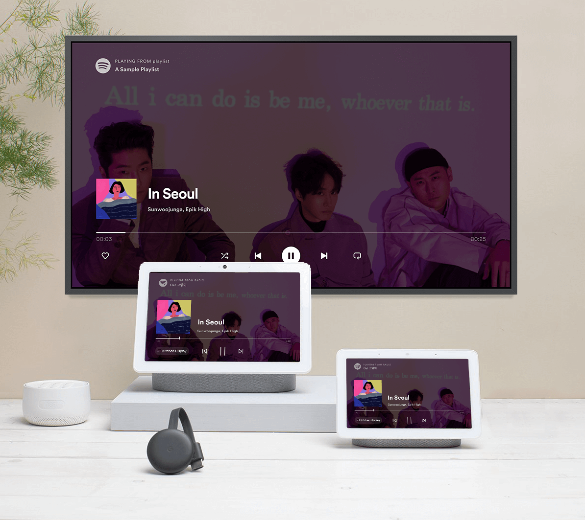 A TV, A Google Cast and two Google Nest devices with Spotify playing the song In Seoul by Sunwoojunga and Epik High