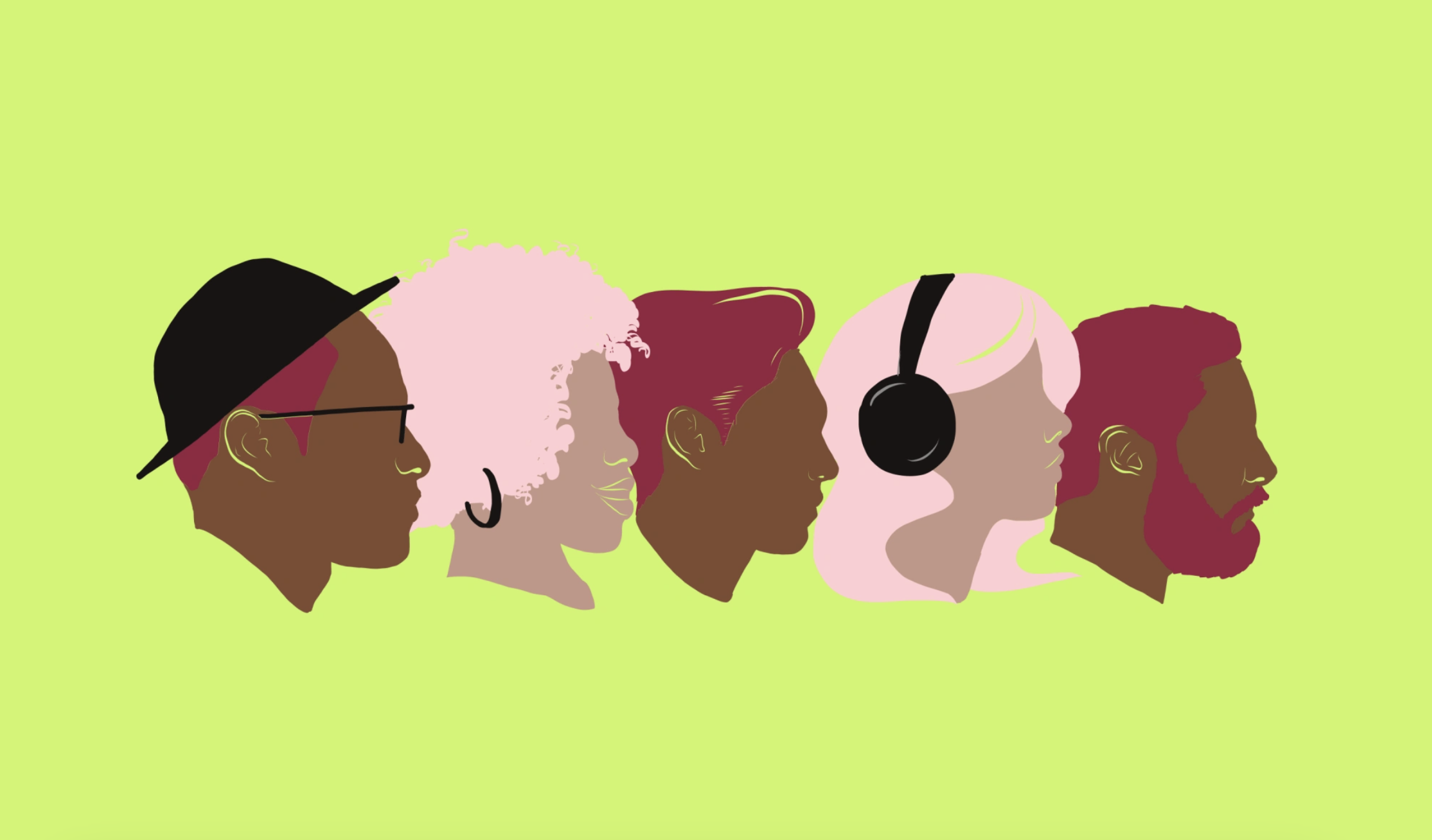 Silhouettes of five diverse people with different hairstyles and accessories, including glasses, a hat, earrings, and headphones, against a lime green background.
