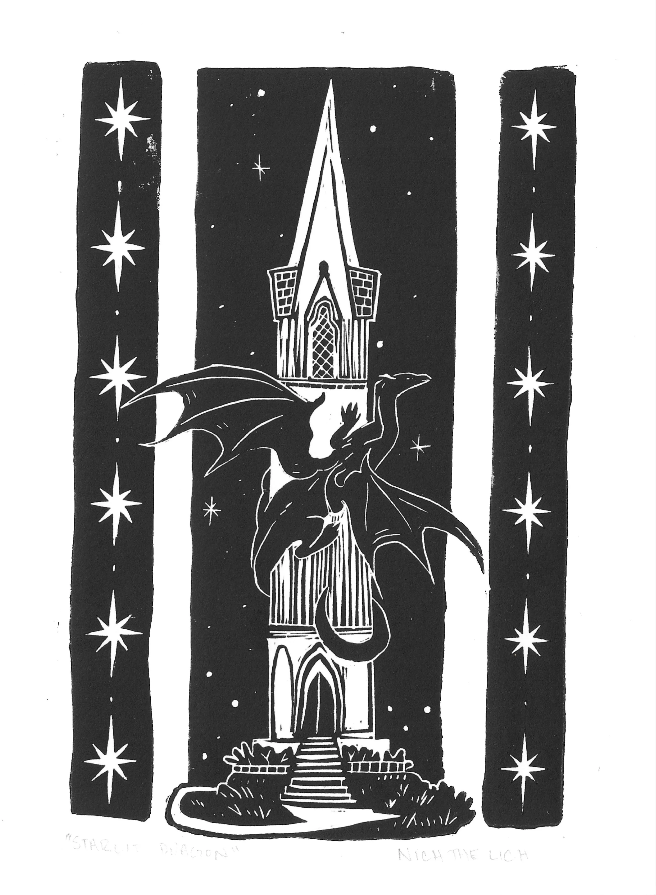 "Starlit Dragon" Lino Print