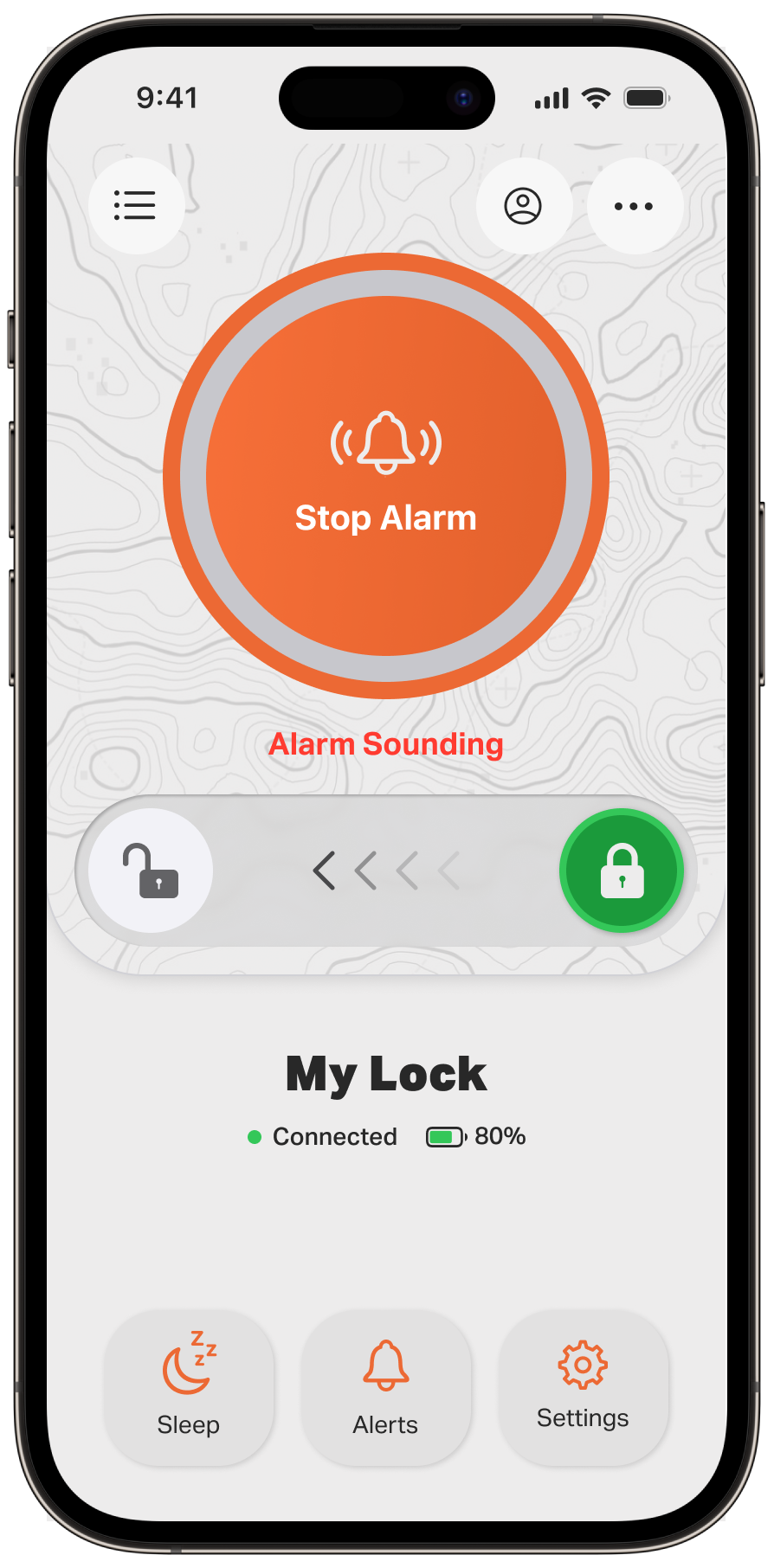Smartphone screen showing a lock control app with a large orange button labeled 'Stop Alarm' that is sounding, and options for Sleep, Alerts, and Settings at the bottom.
