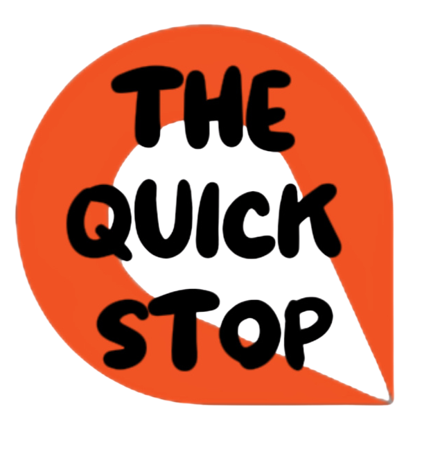 A speech bubble-shaped icon with an orange background and black text that reads 'THE QUICK STOP'.