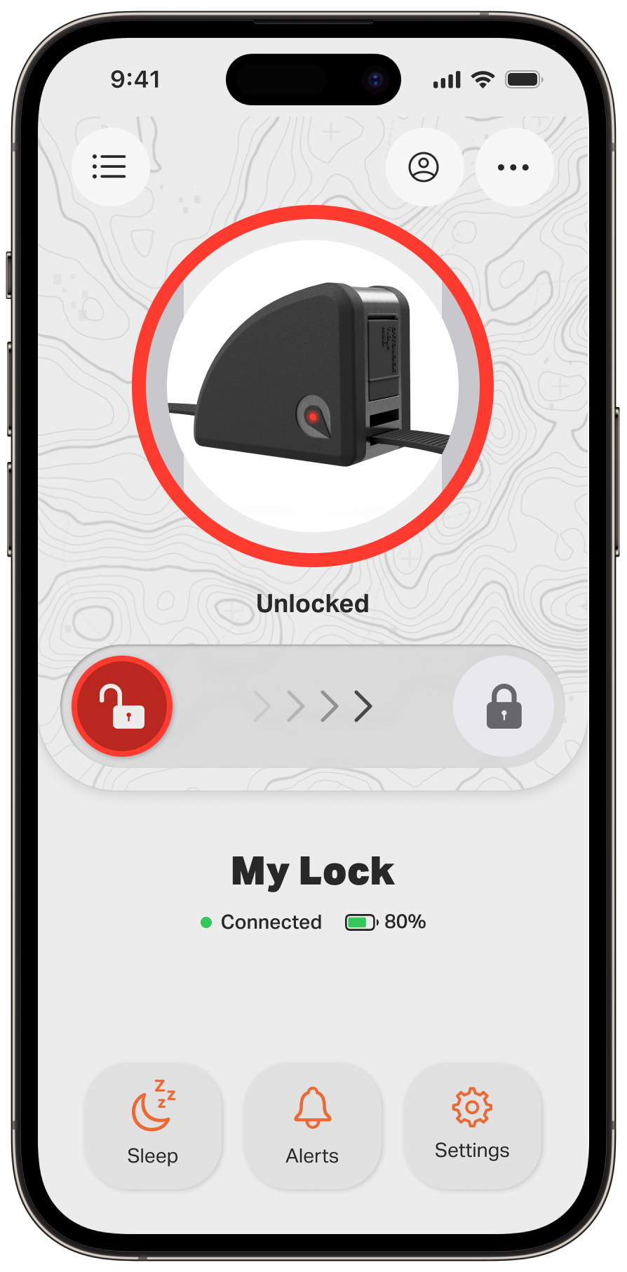 Smartphone screen displaying a lock control app with a black lock icon, indicating the lock is unlocked, and showing connection status and battery level. There are buttons for sleep, alerts, and settings at the bottom.