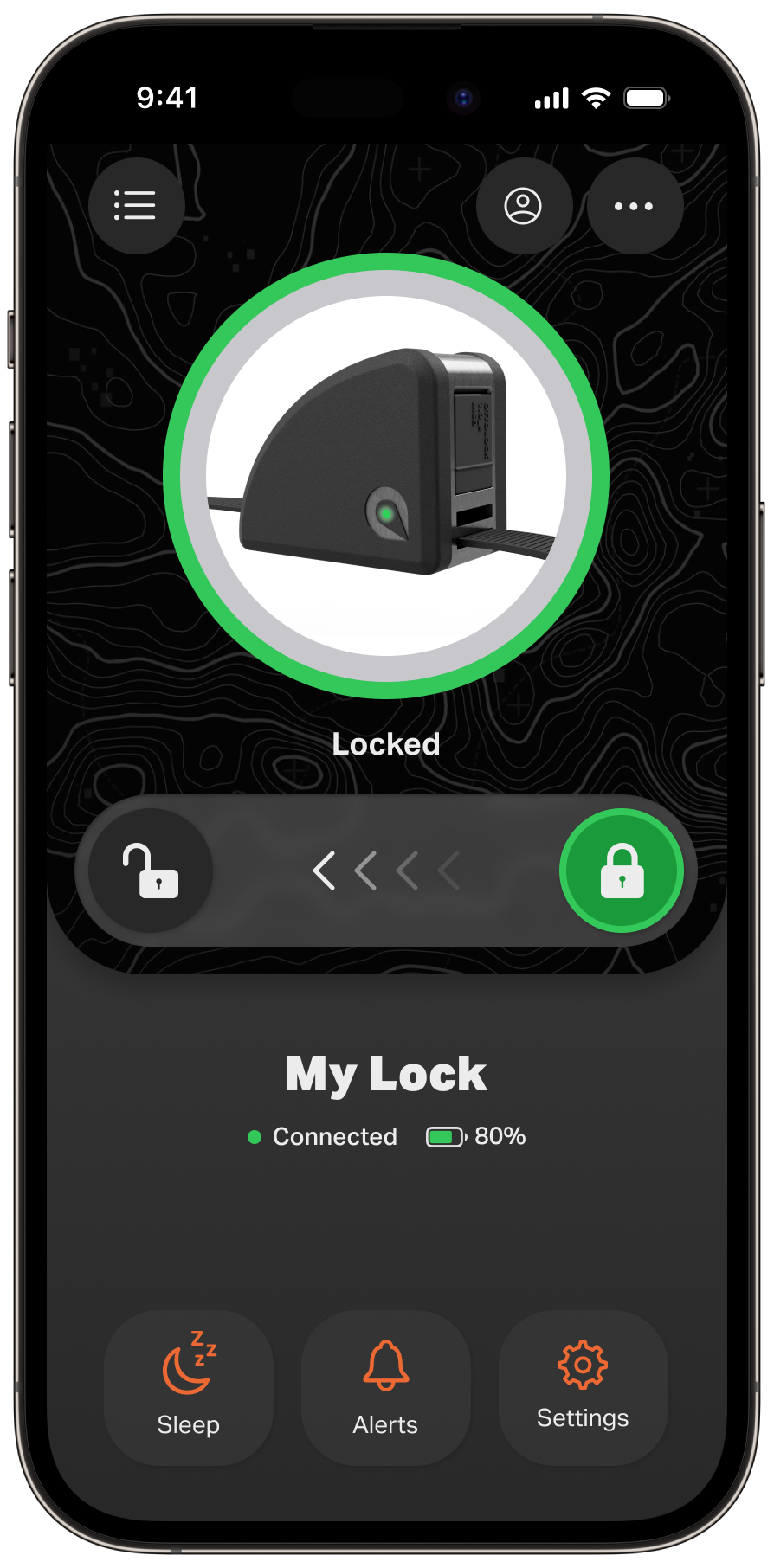 Smartphone screen displaying a lock control app with a black background, a white circular lock indicator labeled "Locked," and icons for sleep, alerts, and settings at the bottom. The app shows the lock is connected and has 80% battery remaining.