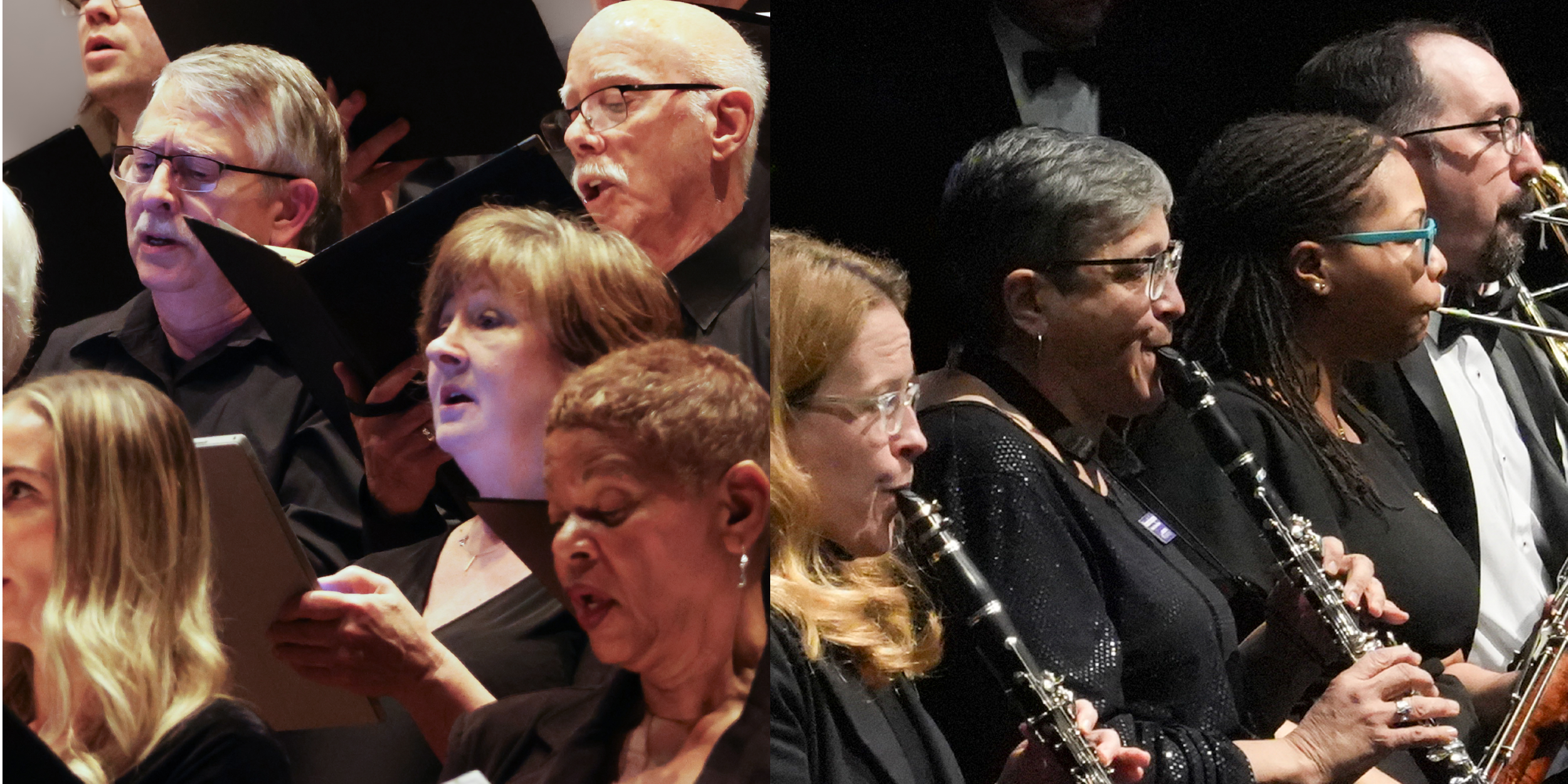 An image on the right on Harmonia Atlanta singing and an image on the left of clarinet players of the Alpharetta Symphony performaning