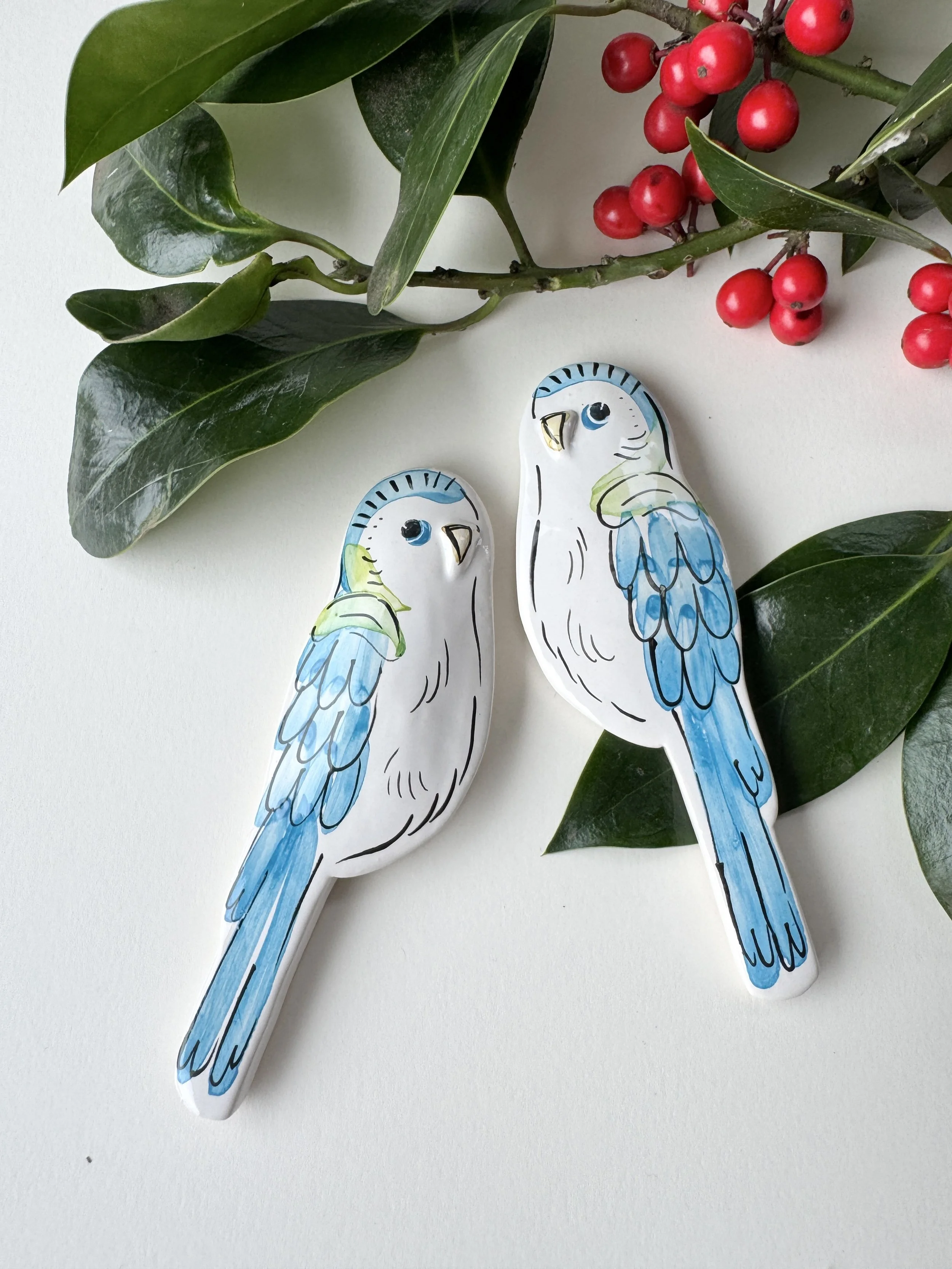 Budgie pottery pair wall art