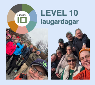 Group of people outdoors, some wearing sunglasses and jackets, standing on a hill with trees in the background, celebrating a hiking achievement, with a graphic indicating Level 10 and the name 'laugardagar'.