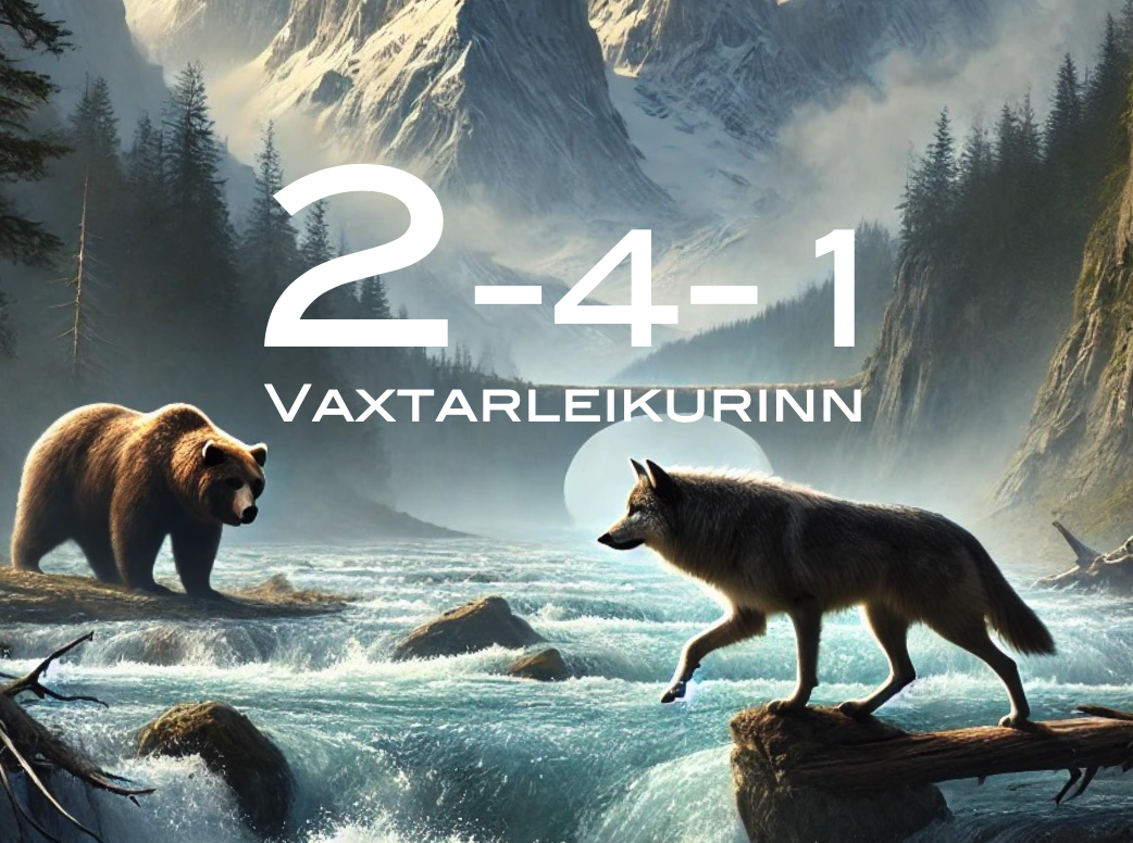 A bear and a wolf standing on rocks in a river surrounded by mountains and trees, with the text '2-4-1 VAXTARLEIKURINN' overlaid.
