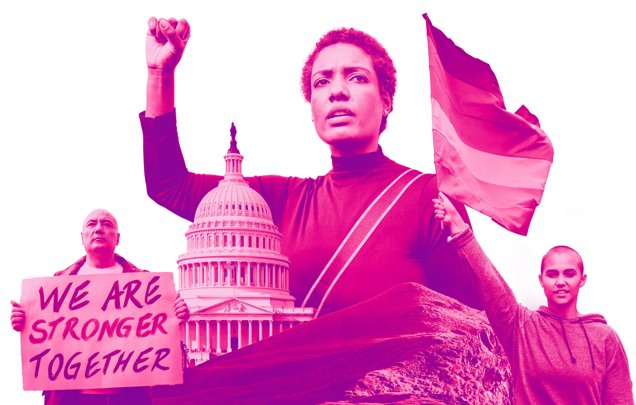 An equality-themed collage showing people with an LGBTQ+ Pride flag in front of the Capitol building