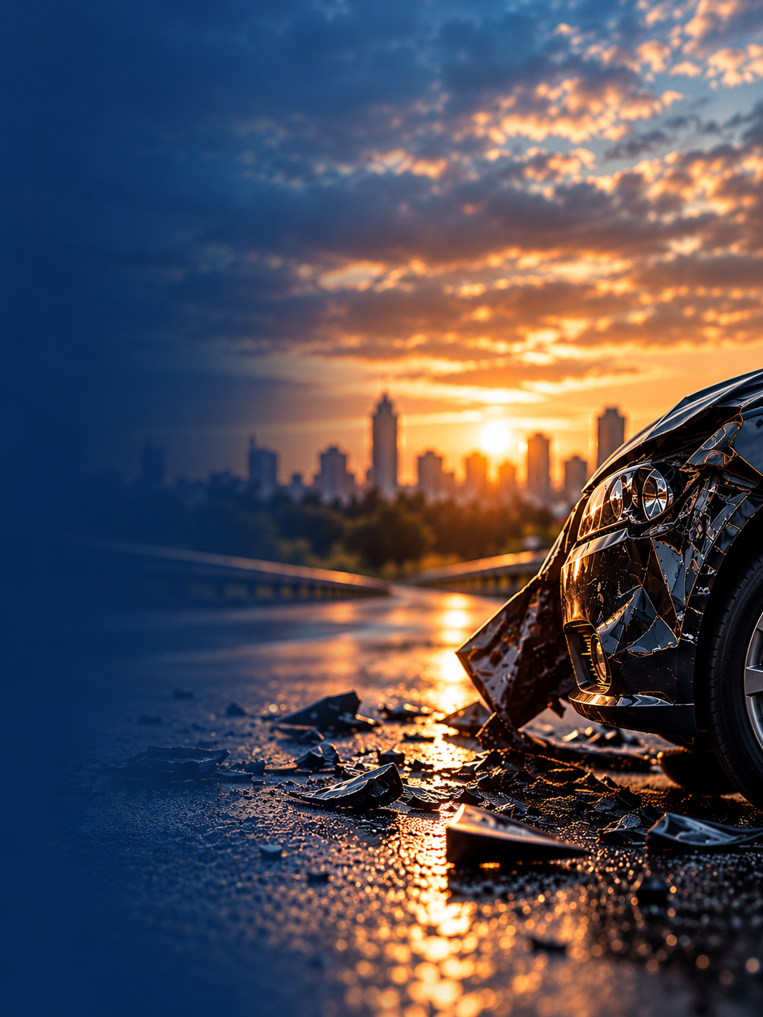 A black car with front-end damage and shattered glass on an empty road at sunset, with a city skyline with tall buildings in the background.