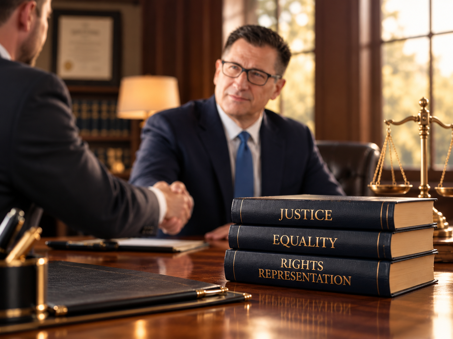 A lawyer and a client shaking hands in an office with legal books labeled "Justice," "Equality," "Rights," and "Representation."