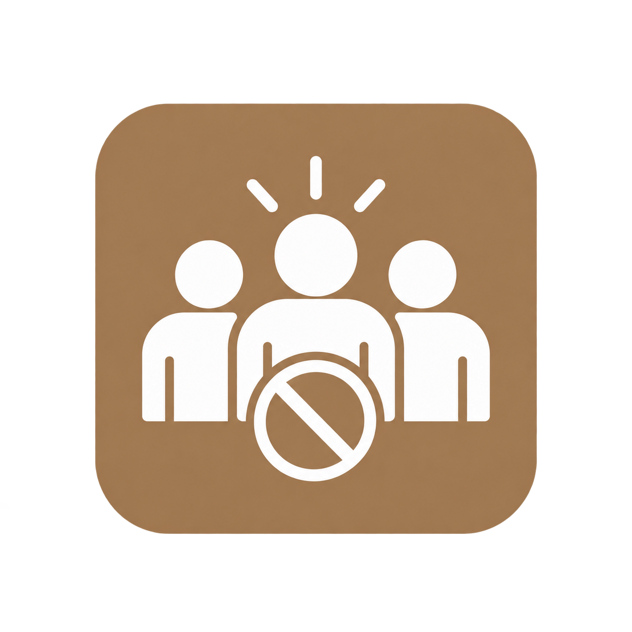 Icon with three human figures, one in front with a prohibition symbol over it, on a brown background.