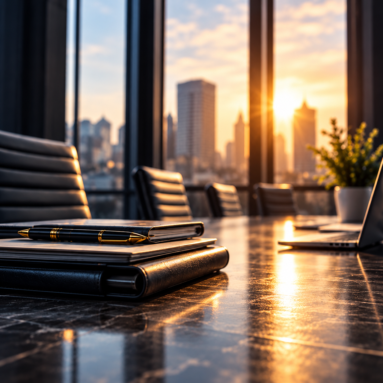 Modern office conference room with a polished black marble table, leather chairs, and a city skyline at sunset visible through large windows.