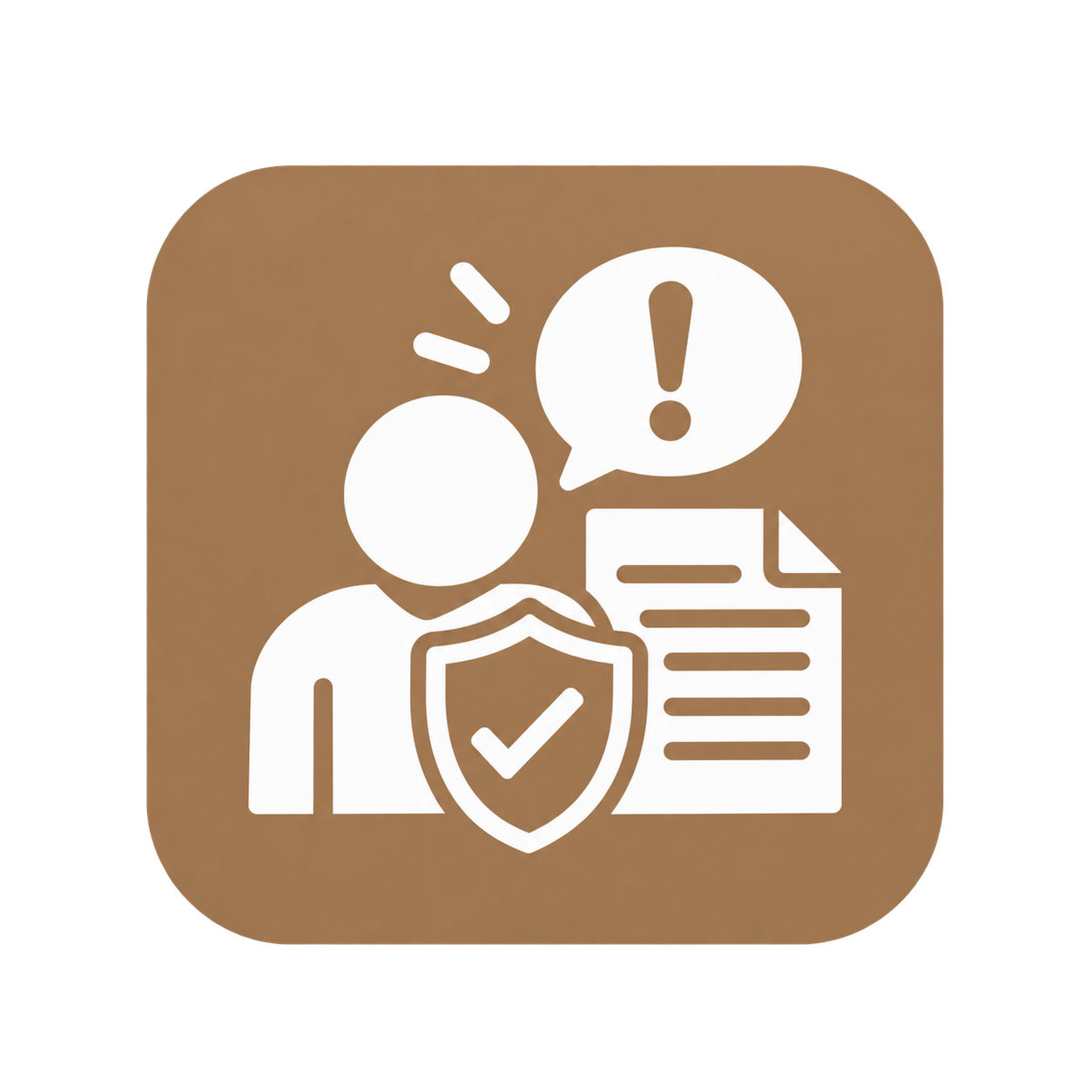 Icon representing cybersecurity or safety, with person, shield with check mark, document, and exclamation mark.
