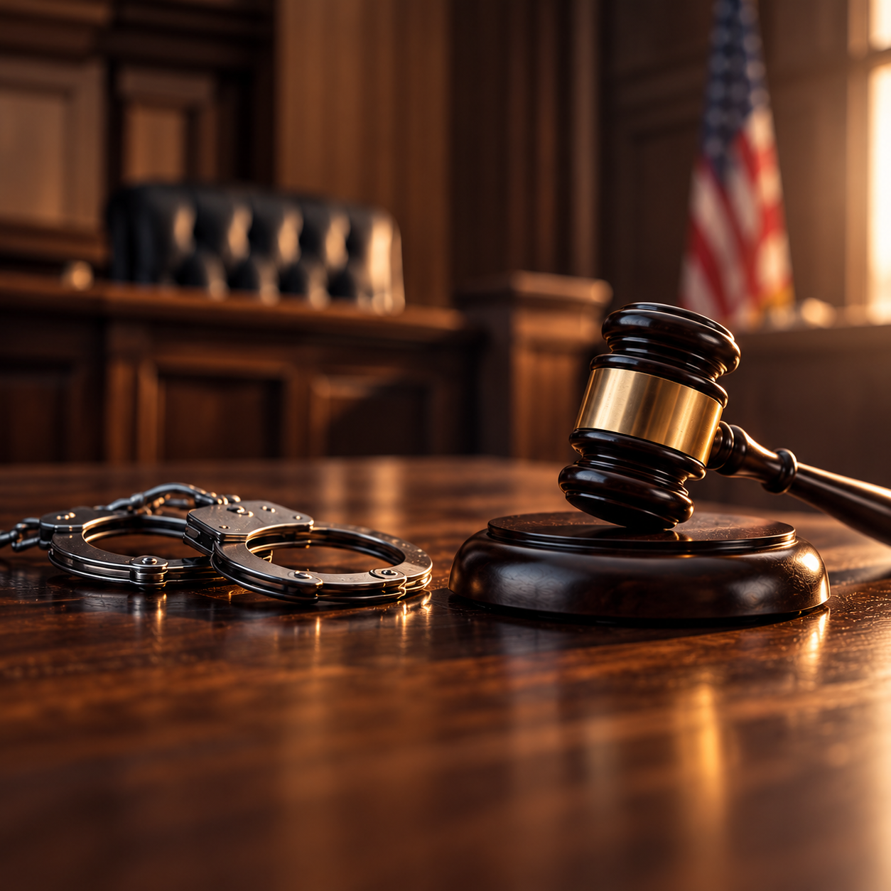 Gavel resting on a sound block and a pair of handcuffs on a wooden judge's desk in a courtroom with an American flag in the background.
