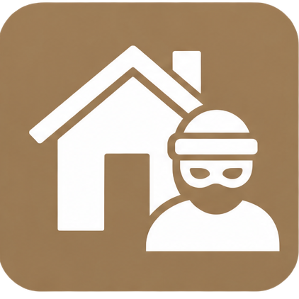 Icon of a house with a burglar wearing a mask and glasses in front.