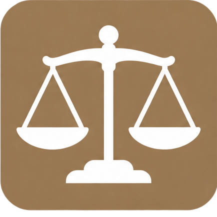 White scales of justice icon on a brown background.