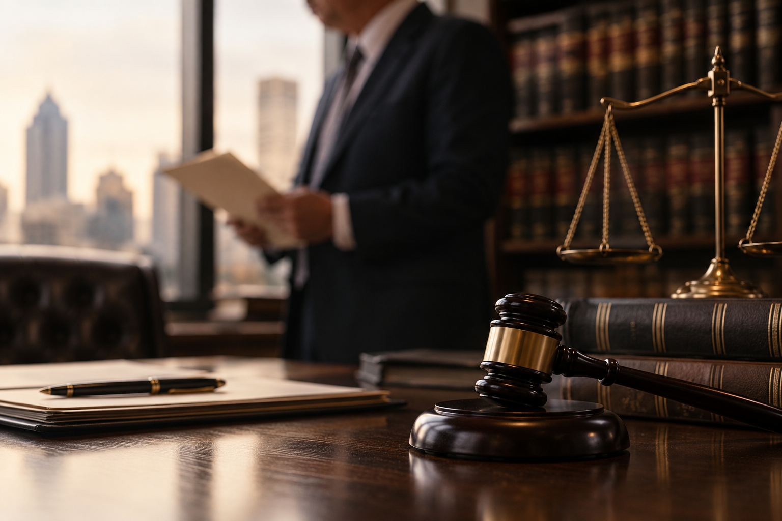 A judge's gavel on a wooden desk in a law office, with a person in a suit reading a document in the background, and city buildings outside the window.