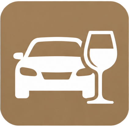 Icon of a car with a wine glass next to it, indicating drinking and driving caution.