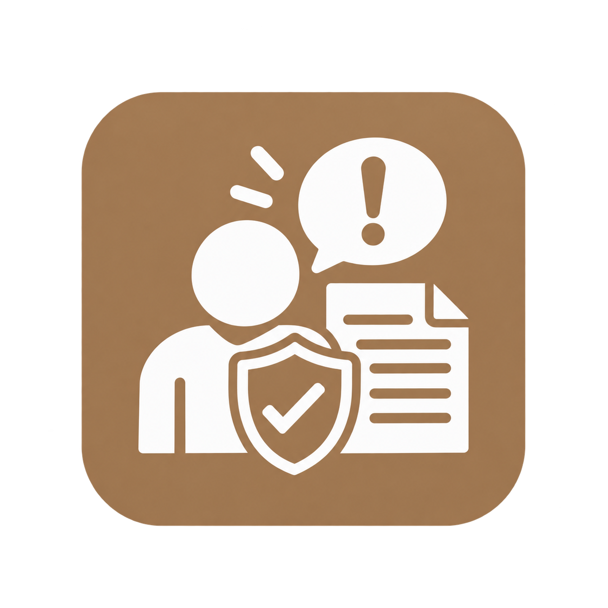 Icon of a person with a shield featuring a checkmark, a document, and a speech bubble with an exclamation mark, resembling data security or privacy alert.