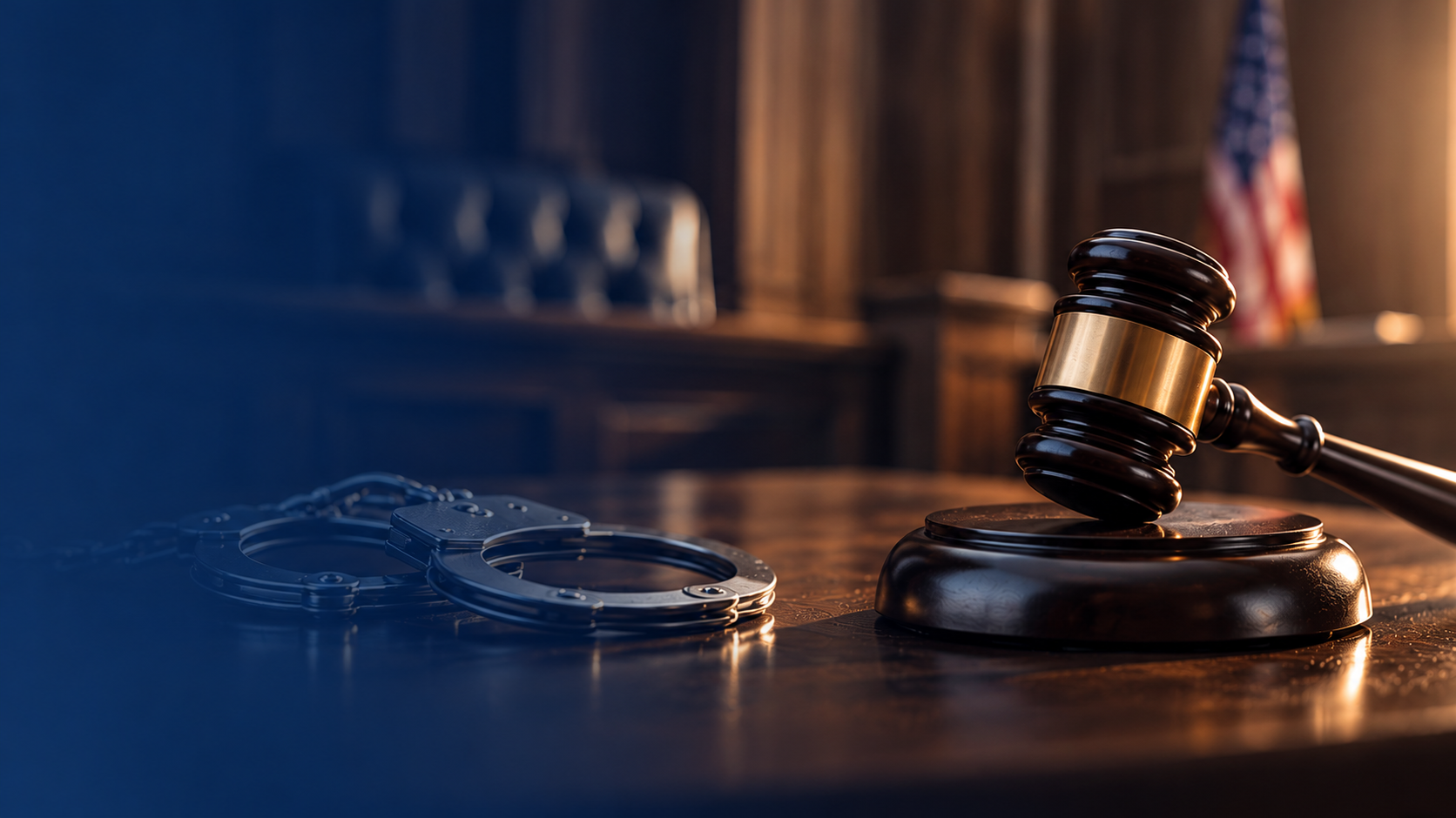 Gavel and sound block on legal table with police handcuffs in the foreground