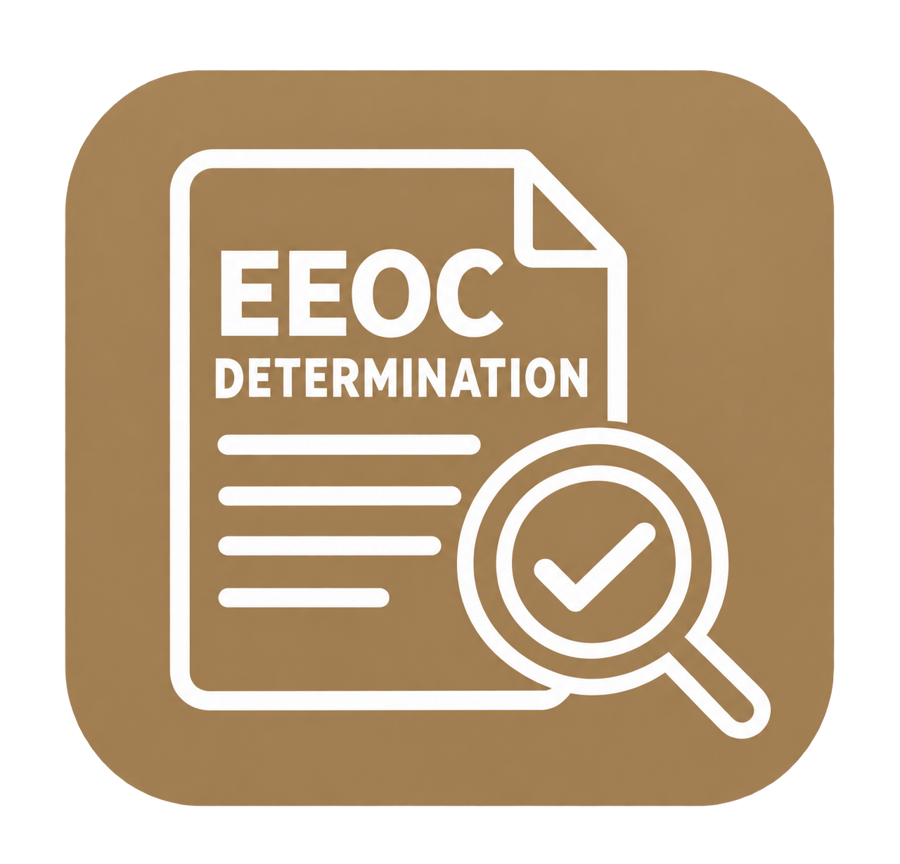 Icon representing EEOC determination with a document and magnifying glass with a check mark.