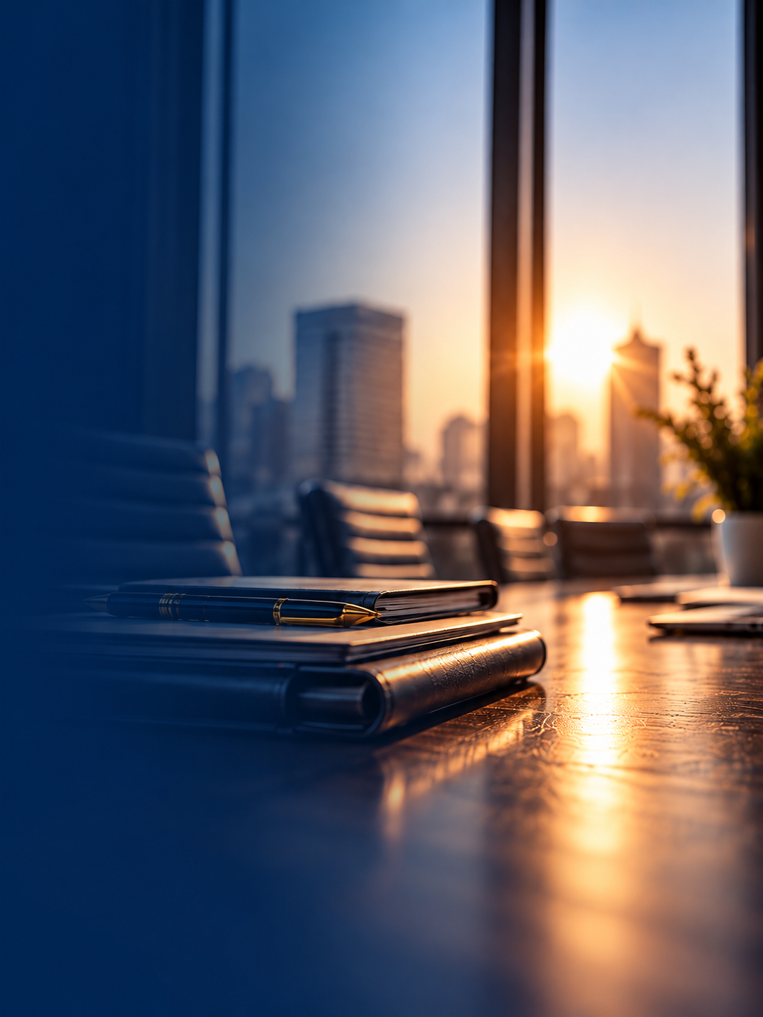 Sunset view through office window with a conference table, notebooks, and a pen in the foreground.