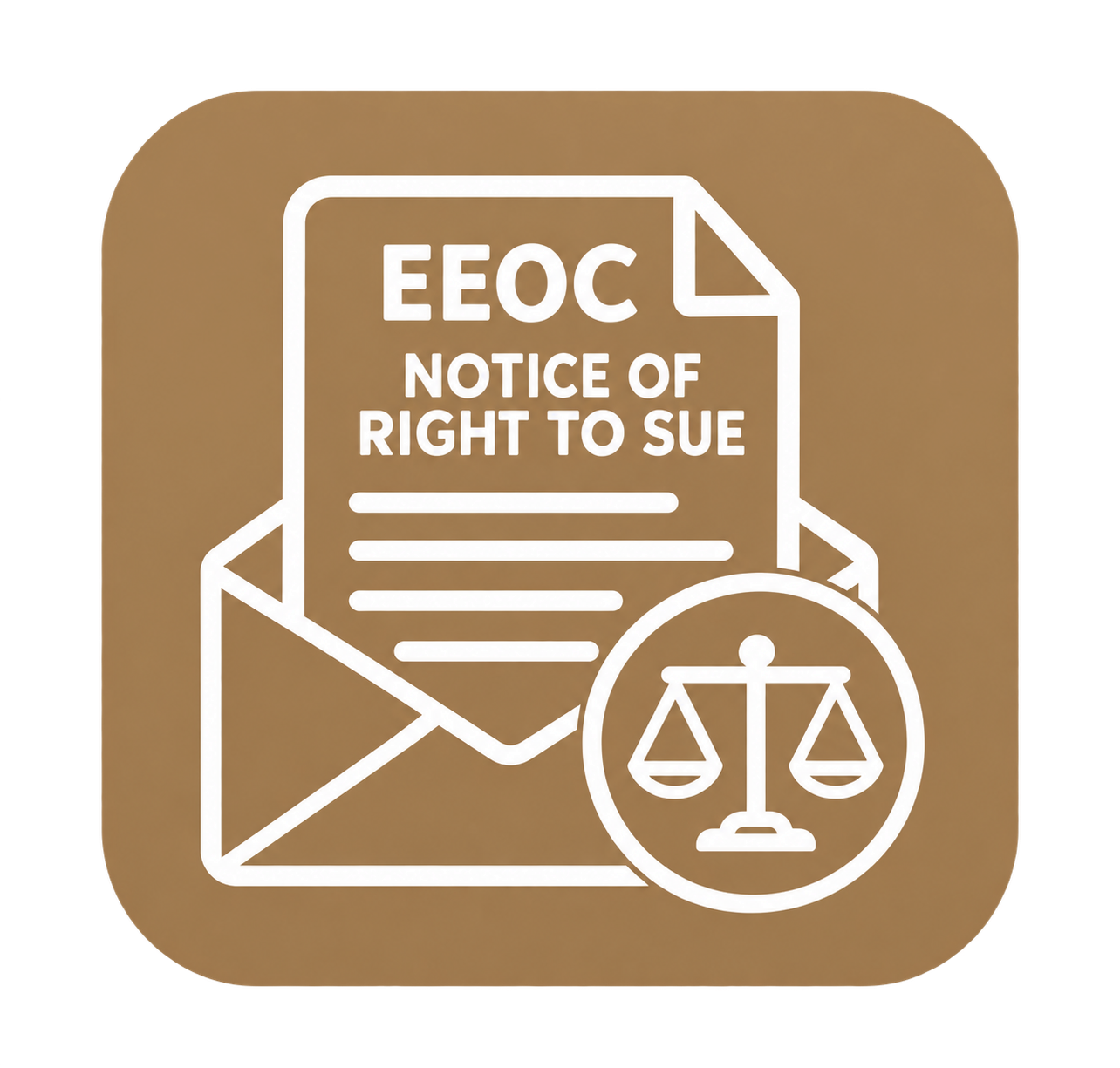 Icon depicting a legal notice with a letter in an envelope, a scales of justice symbol, and text stating "EEOC Notice of Right to Sue" on a brown background.