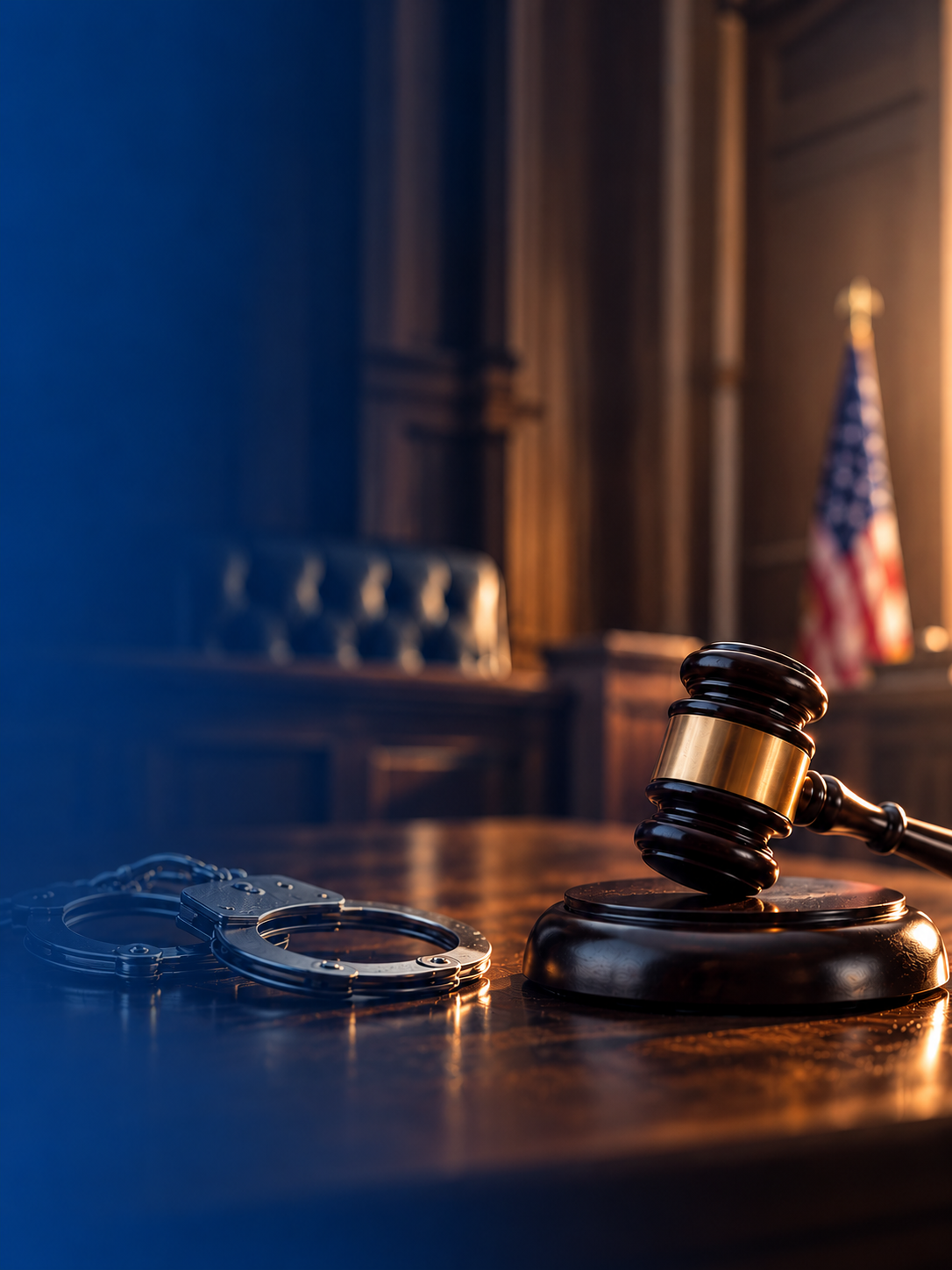 A judge's gavel resting on a wooden desk with a set of silver handcuffs nearby, in a courtroom with wooden paneling, a leather chair, and an American flag in the background.