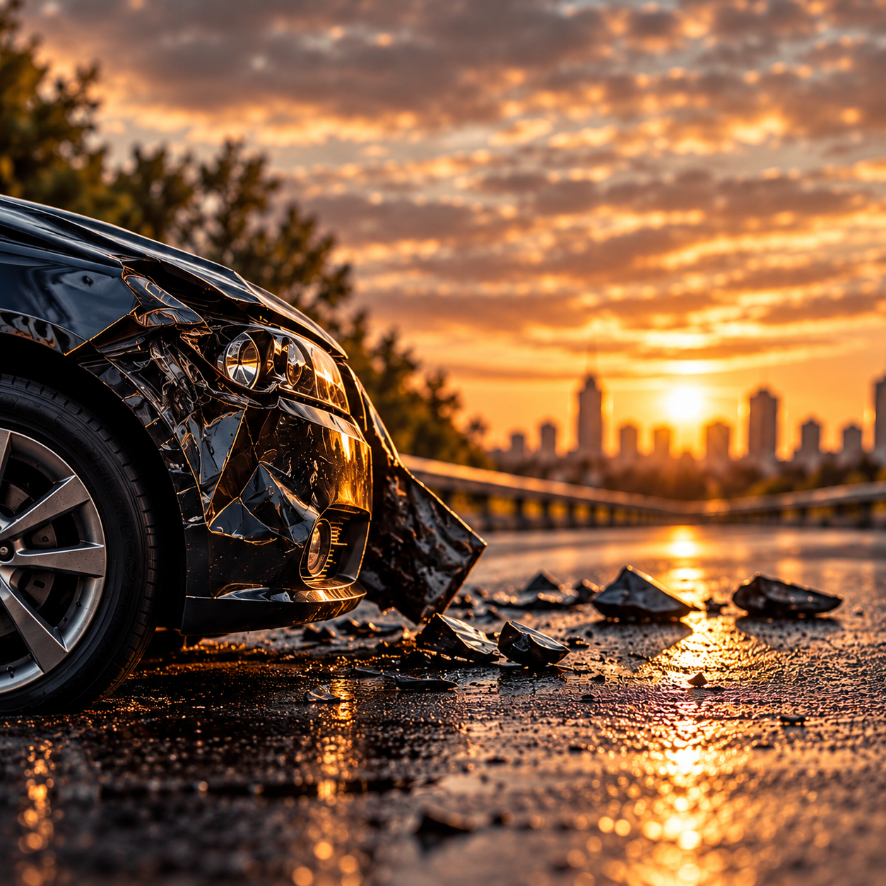 A black car with front-end damage and shattered debris on the wet road is shown at sunset, with a city skyline in the distance.