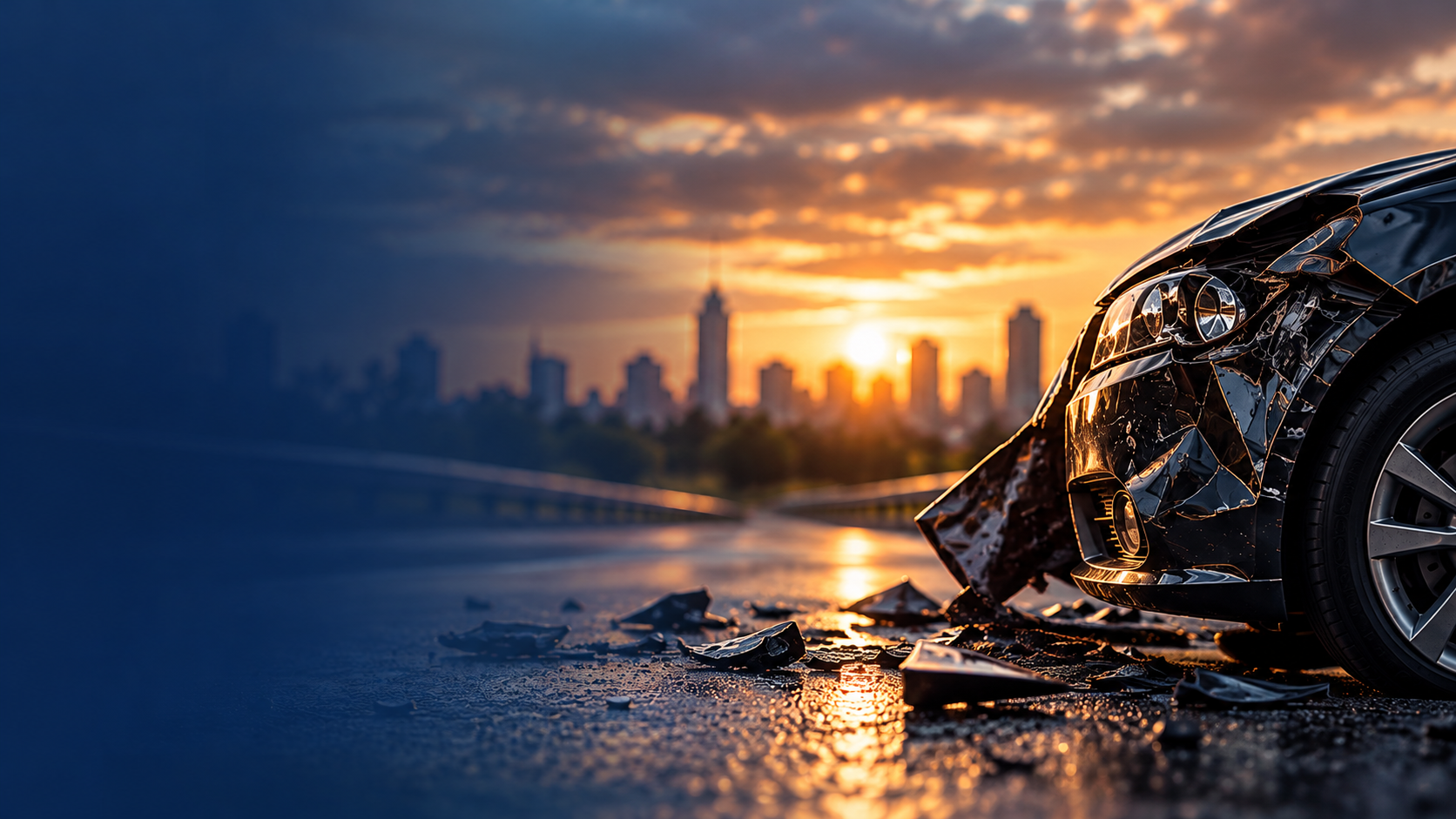 A damaged black car on a city road during sunset, with debris scattered around and the city skyline in the background.