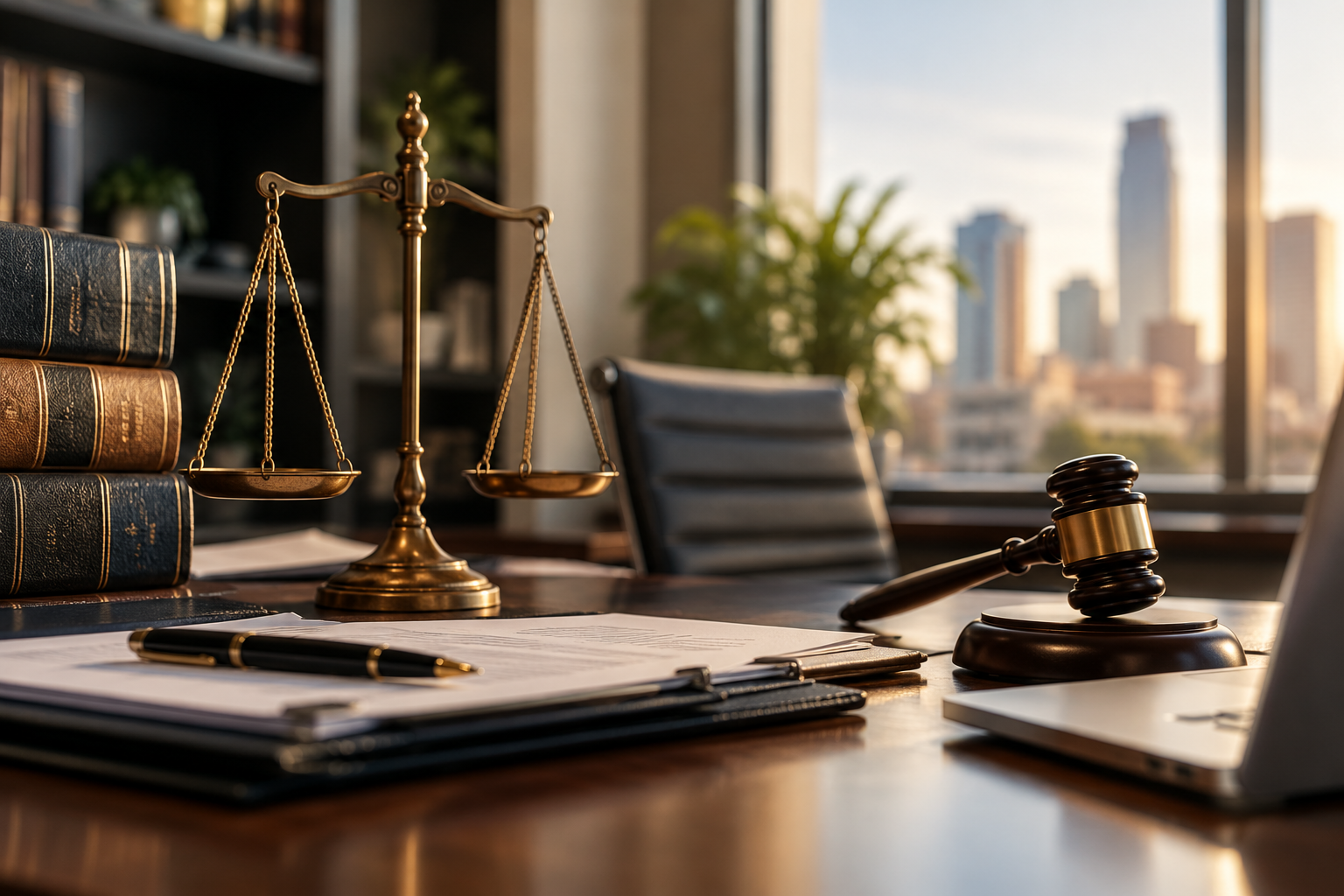 Legal office desk with a gavel, a balance scale, law books, a pen, papers, and a laptop, with a city skyline view outside the window.
