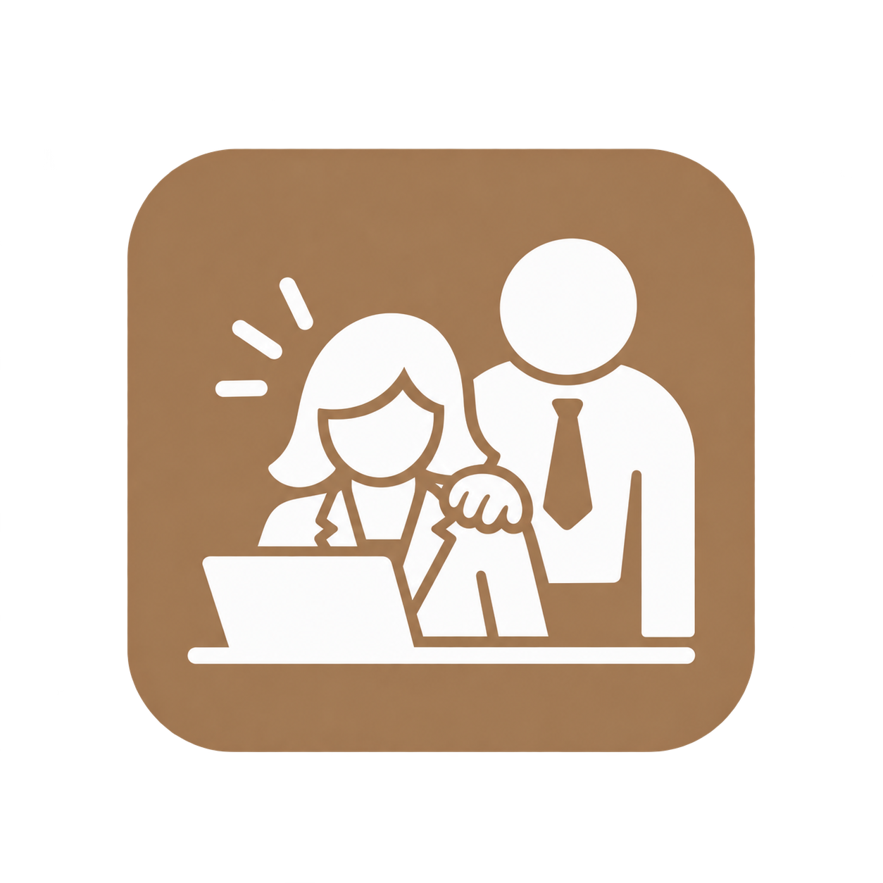 Icon of a woman sitting at a desk with a laptop, not looking happy, and a man standing beside her with one hand on her shoulder, in a professional setting.