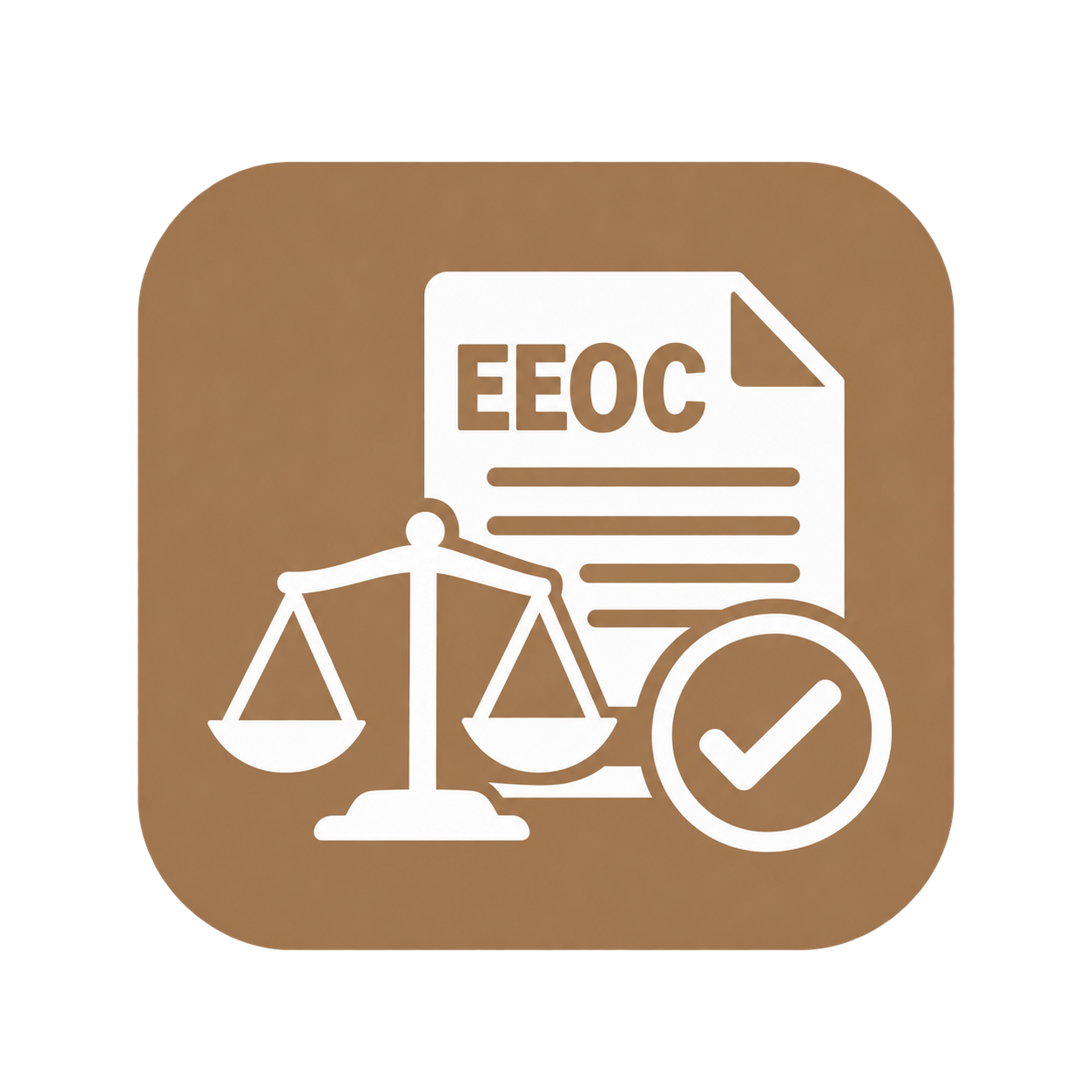 App icon featuring a scale, a document labeled 'EEOC', and a check mark inside a circle, all in white on a brown background.