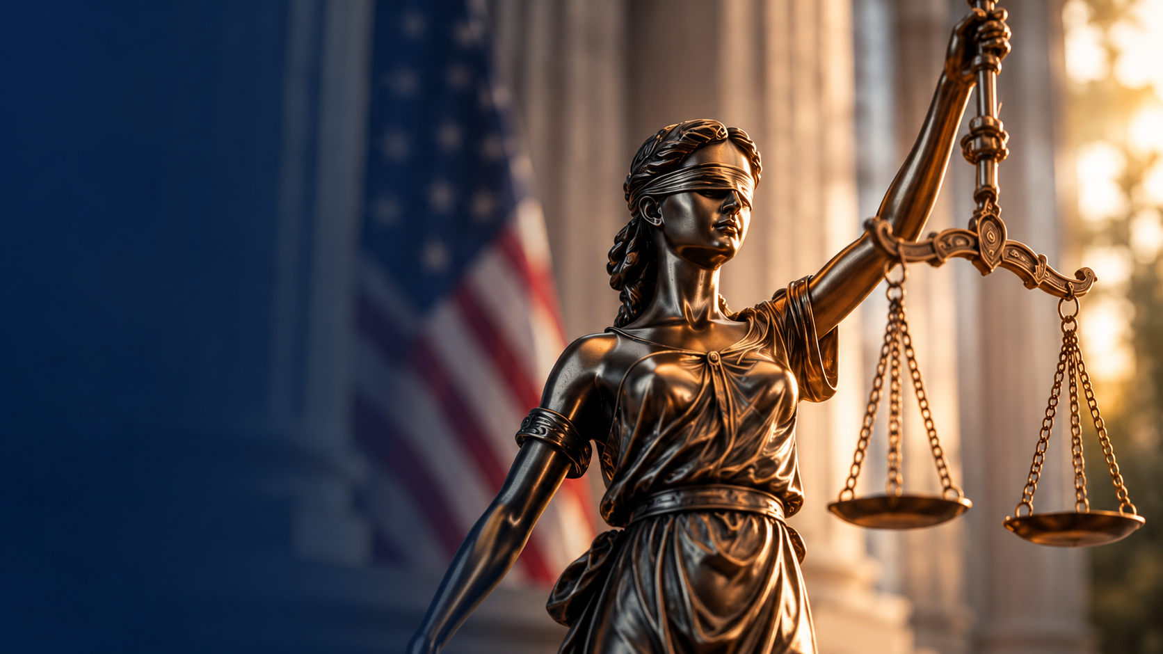 Bronze statue of Lady Justice holding scales, with American flag and courthouse columns in the background at sunset.